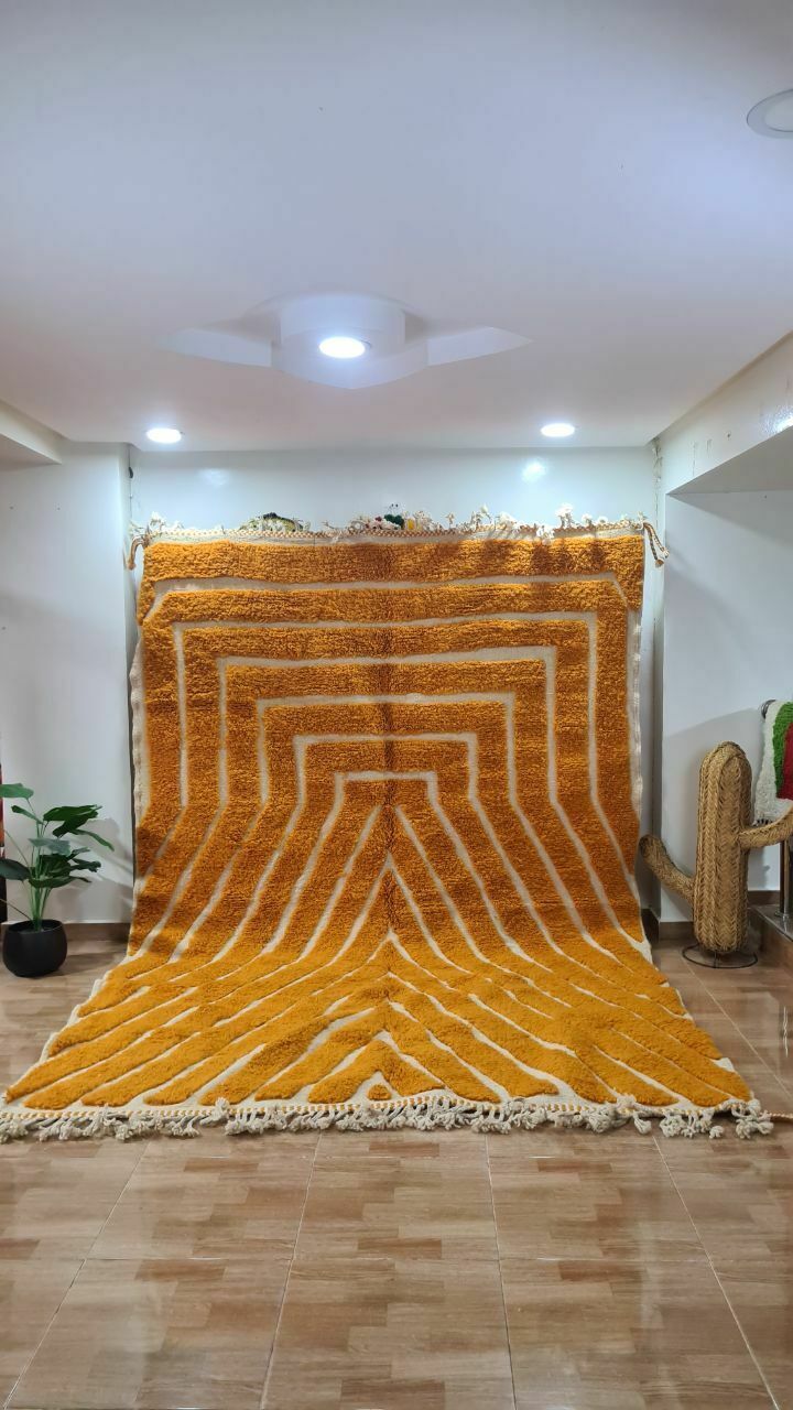 Bold Moroccan Beni Ouarain Rug In Warm Mustard Yellow – Handwoven Wool Carpet With Geometric Lines photo furniture