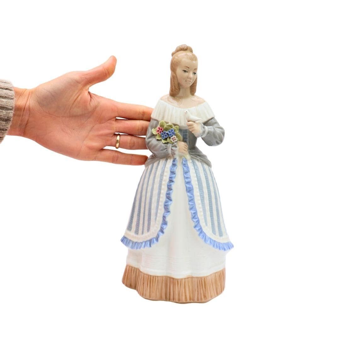 Large Torralba Porcelain Figure Of A Crinoline Lady Holding A Bunch Of Flowers And A Dove 12.7 Inches , Spanish Porcelain Lady