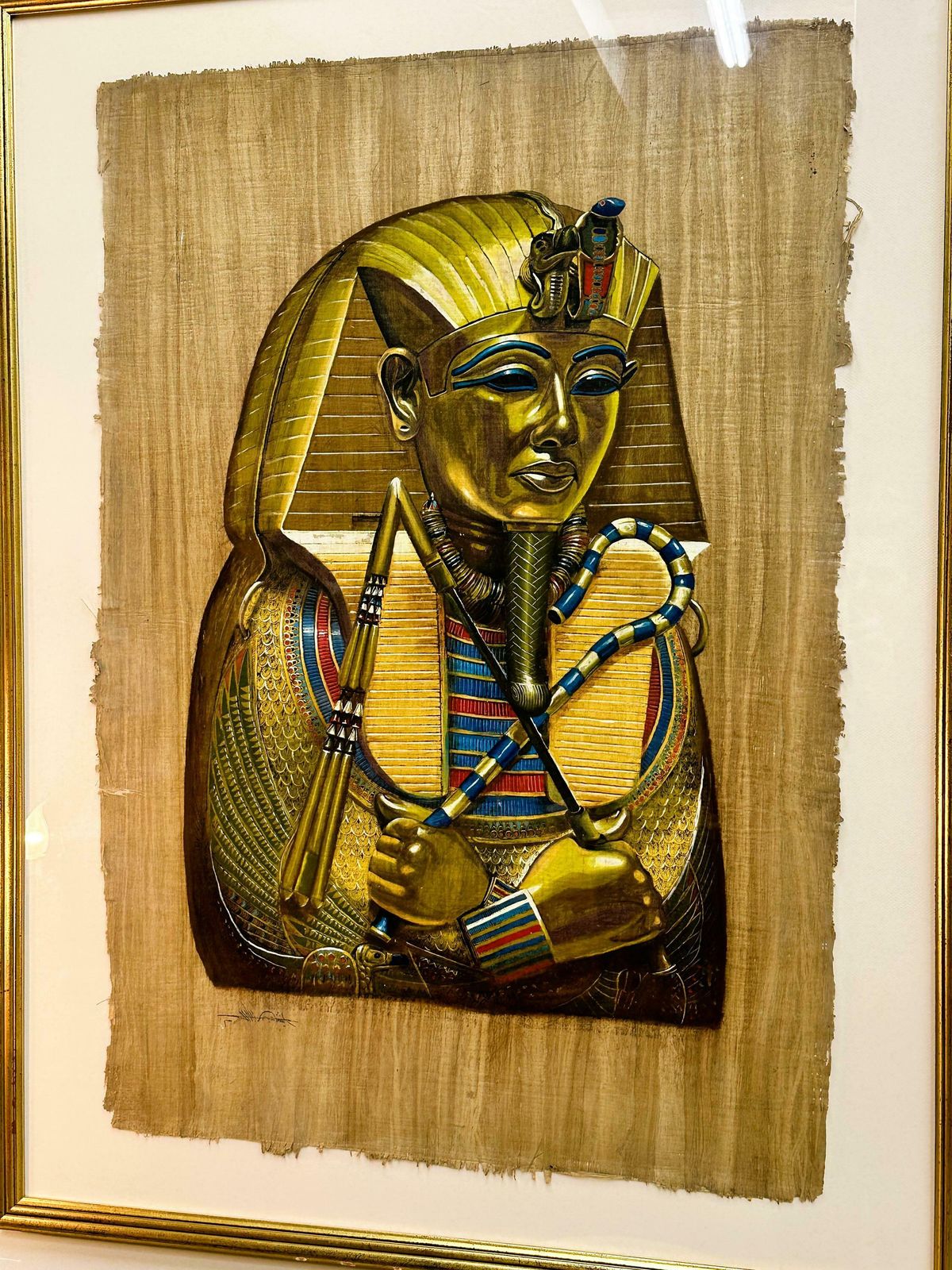Groot Gesigneerd Schilderij Van Toetanchamon Op Egyptische Papyrus, Jaren 1980. photo 361.0
