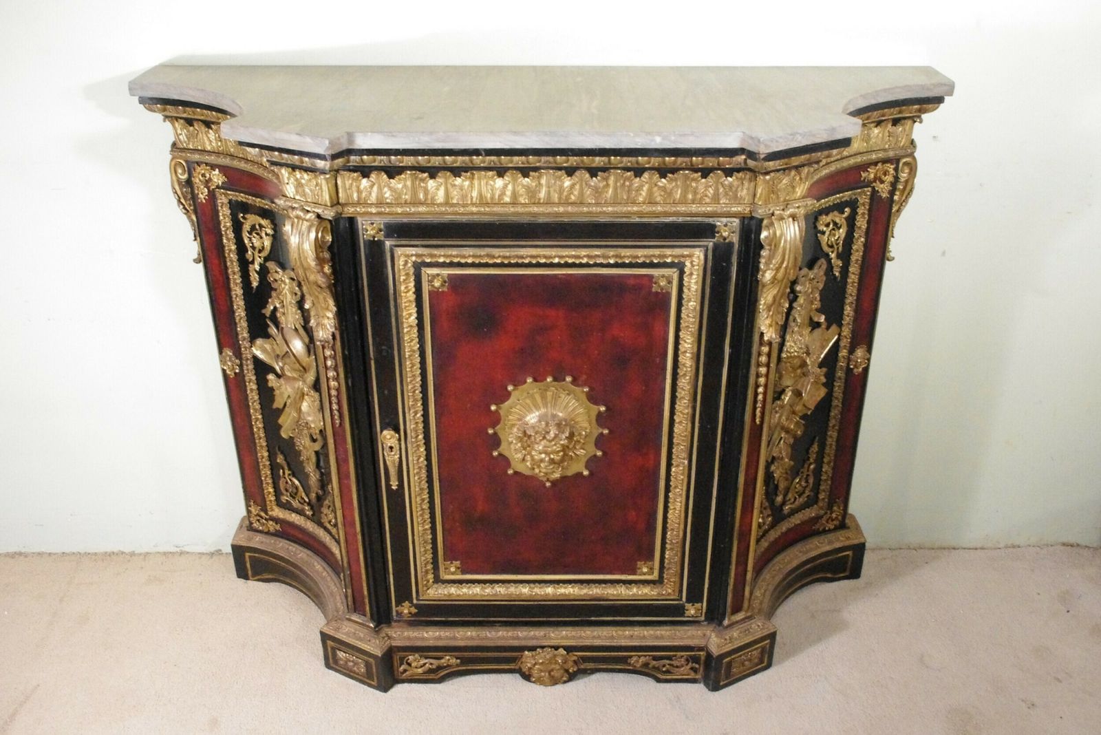 19th Century French Gilt Metal Mounted Ebonised Cabinet With Marble Top photo for sale
