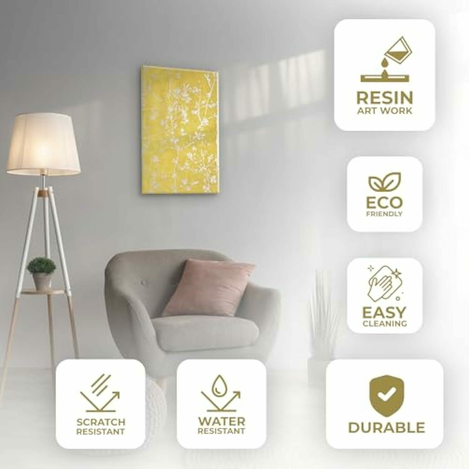 Silver Branches On Gold Handcrafted Epoxy Resin Wall Art | Luxury Modern Wall Décor – Scratch Resistant, Elegant Artwork For Home & Office photo for sale