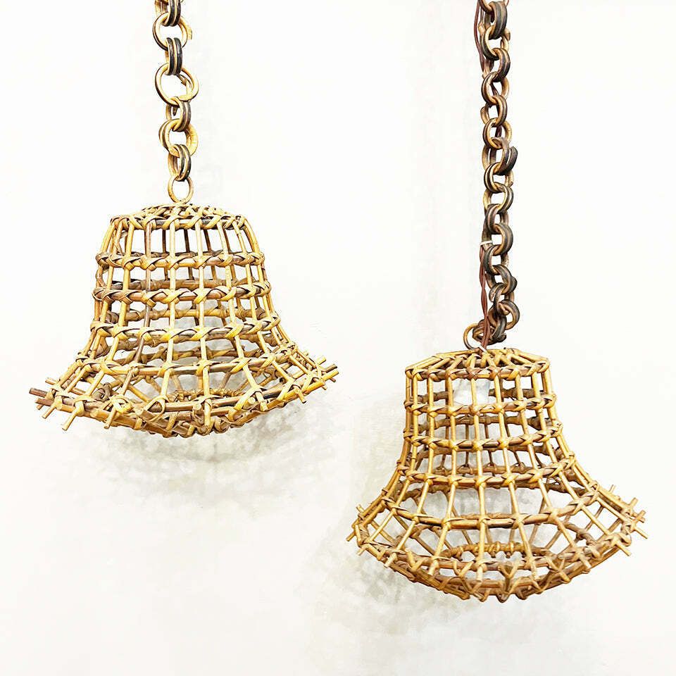 Pair Of Hand Woven Bamboo Chandeliers Italy 1950  Vintage Design