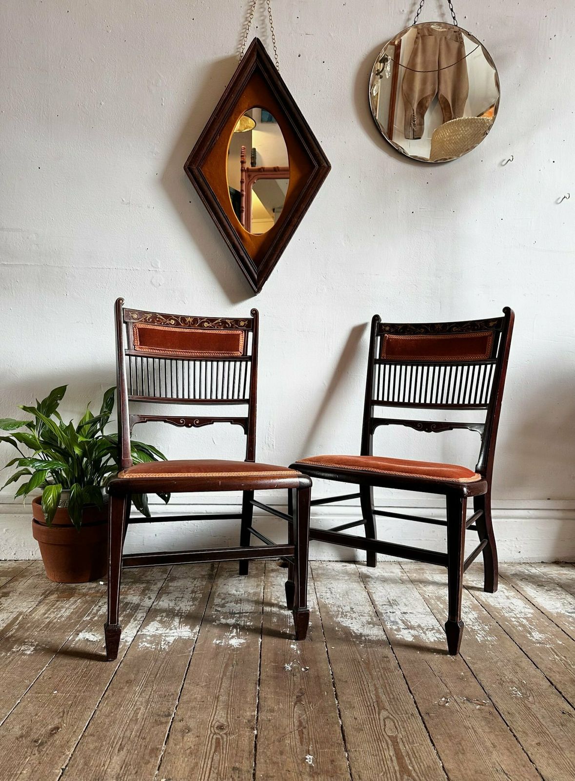 Pair Of Upholstered Mahogany Marquetry Chairs, Bone And Boxwood Details photo buy