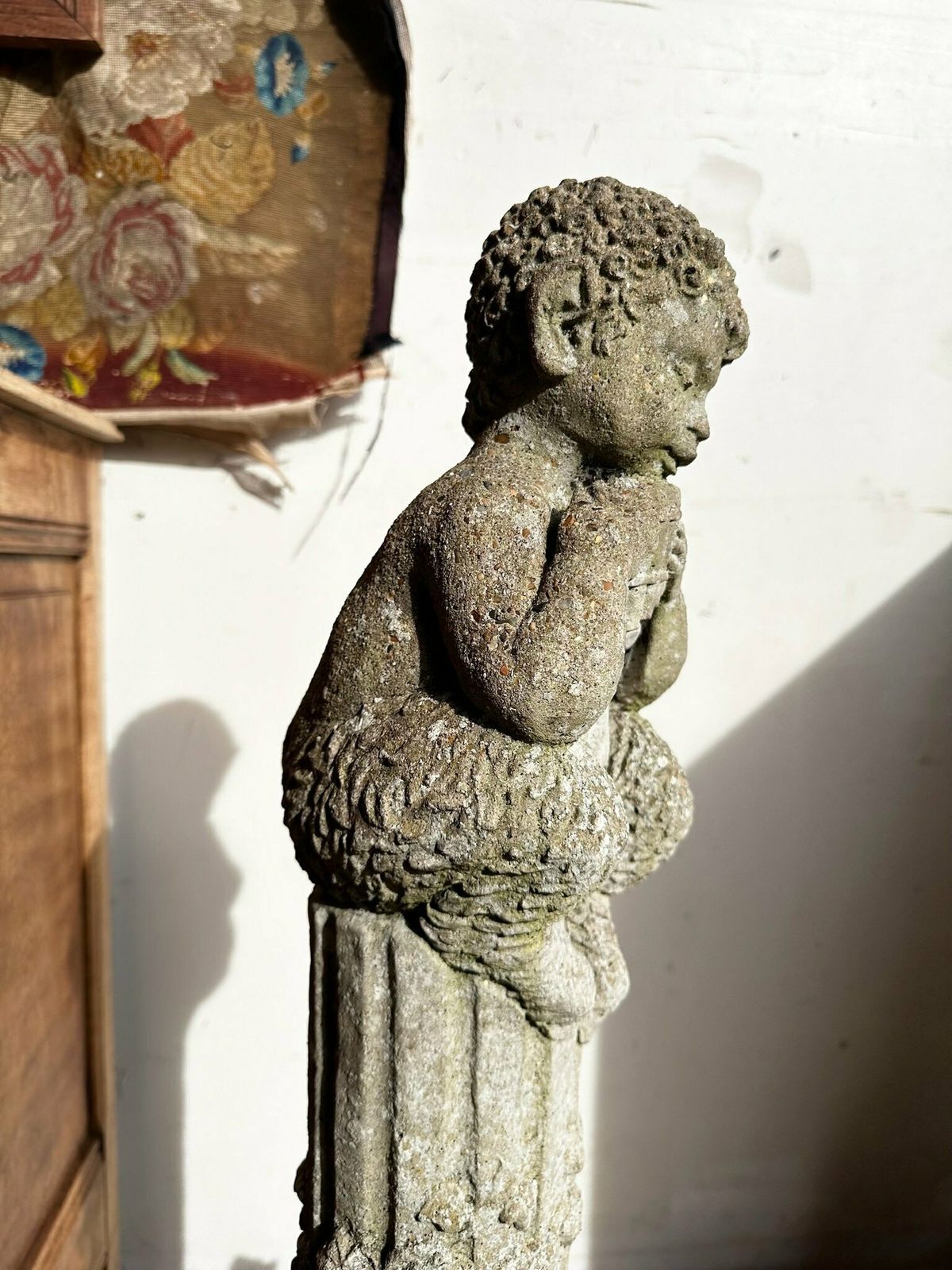 Composite Stone Pan Figure On Reeded Column W/ Woodland Animals C.1940 photo vinterior