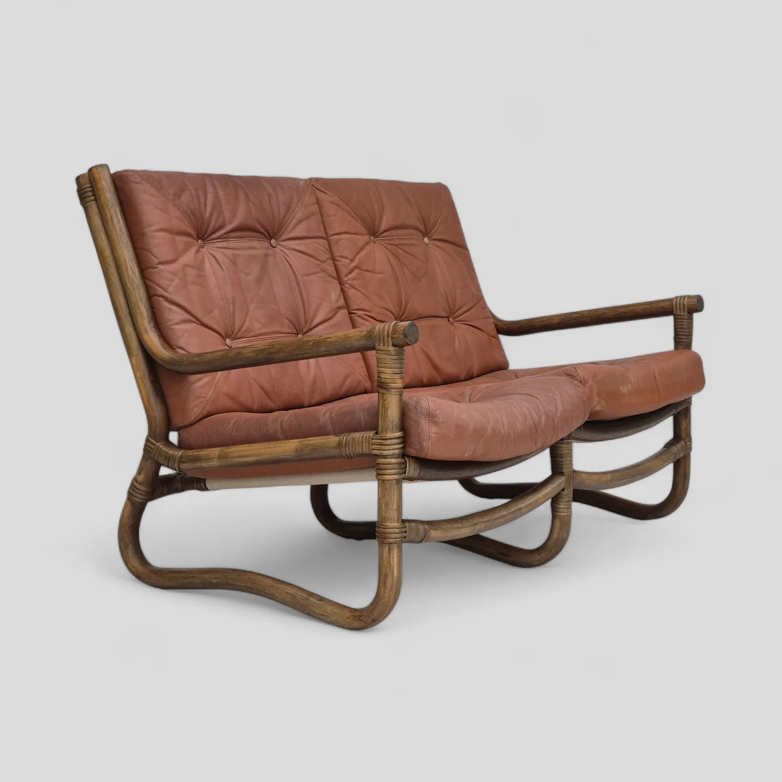 1970s, Scandinavian 2 Seater Sofa, Original Very Good Condition, Bamboo, Leather.