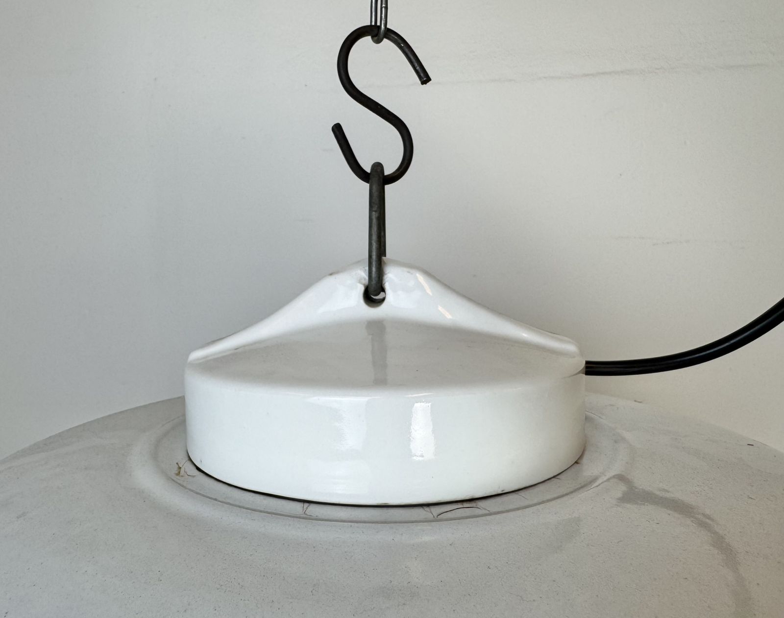 Industrial Grey Enamel Factory Pendant Lamp With Glass Cover, 1960s photo vinterior