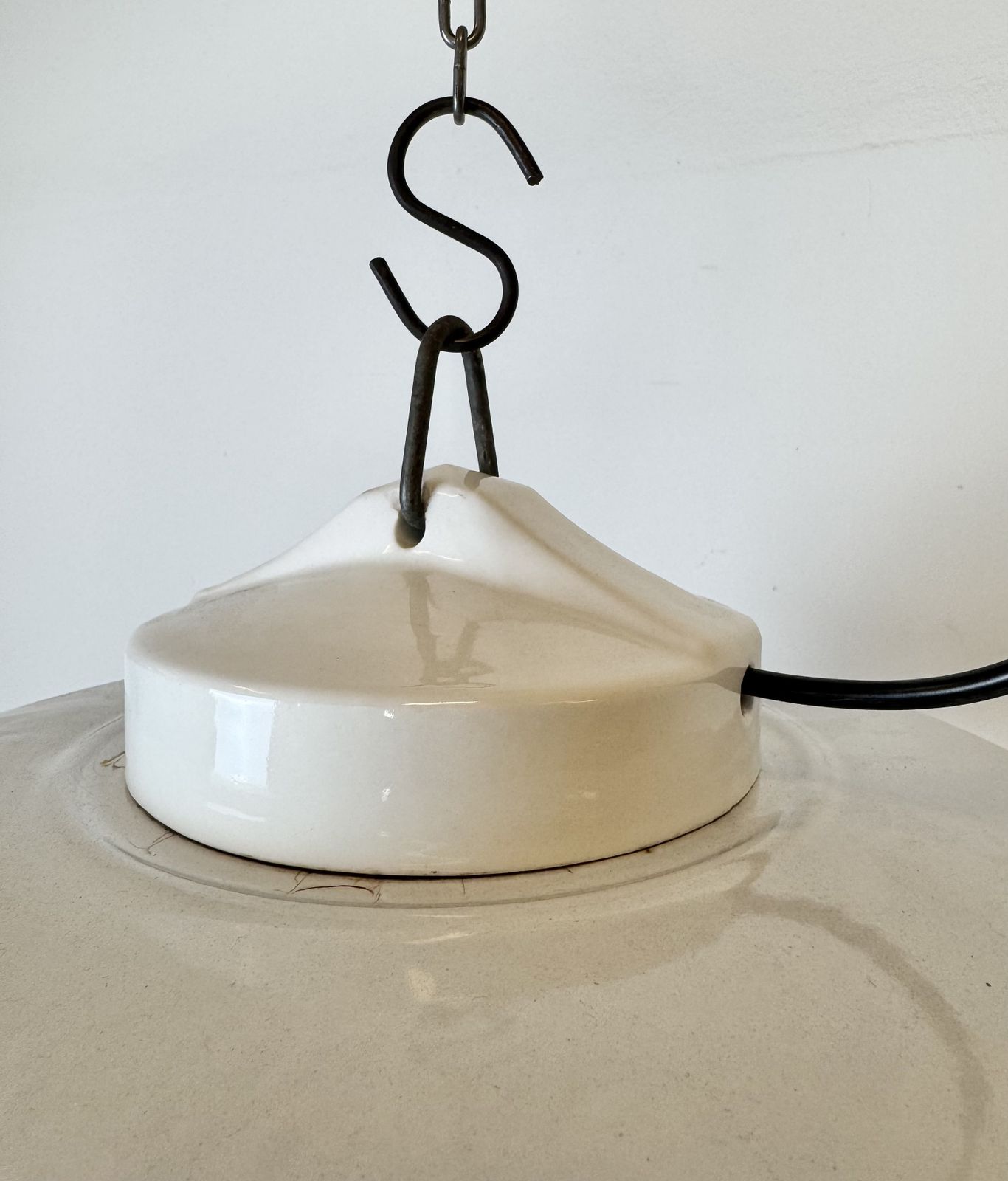 photo furniture Industrial Grey Enamel Factory Pendant Lamp With Glass Cover, 1960s