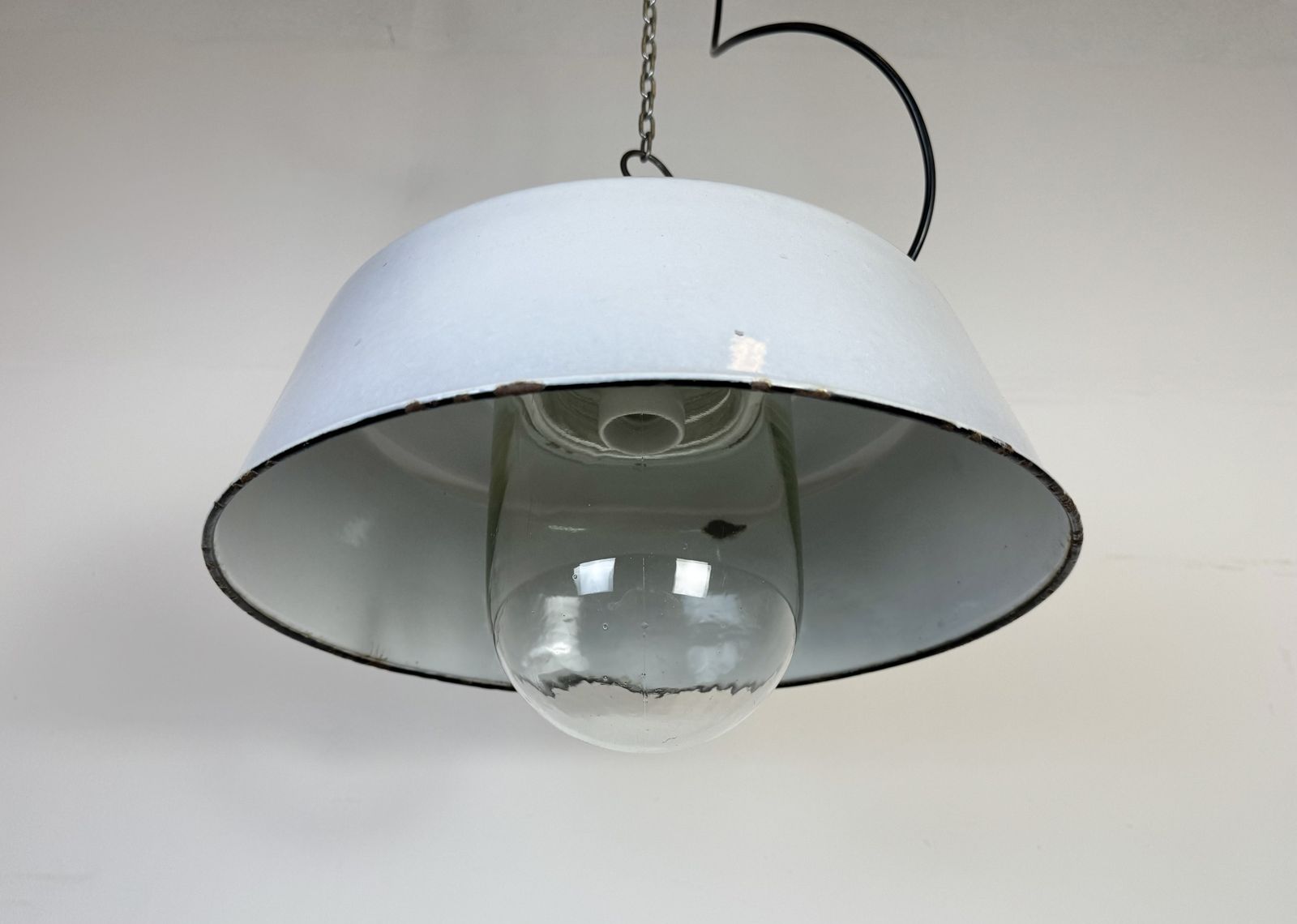 Lighting Industrial Grey Enamel Factory Pendant Lamp With Glass Cover, 1960s photo