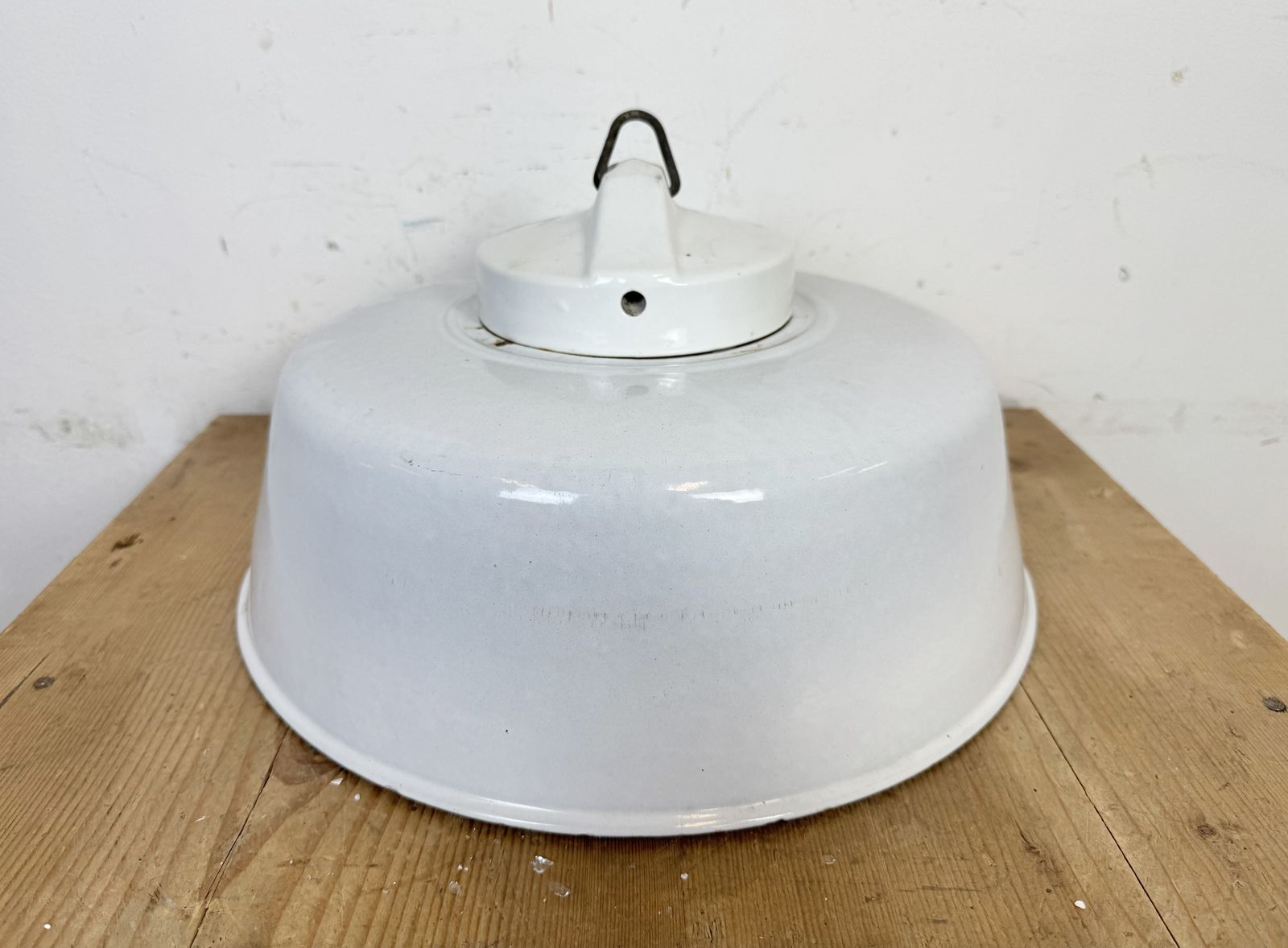 photo vinterior Industrial Grey Enamel Factory Pendant Lamp With Glass Cover, 1960s