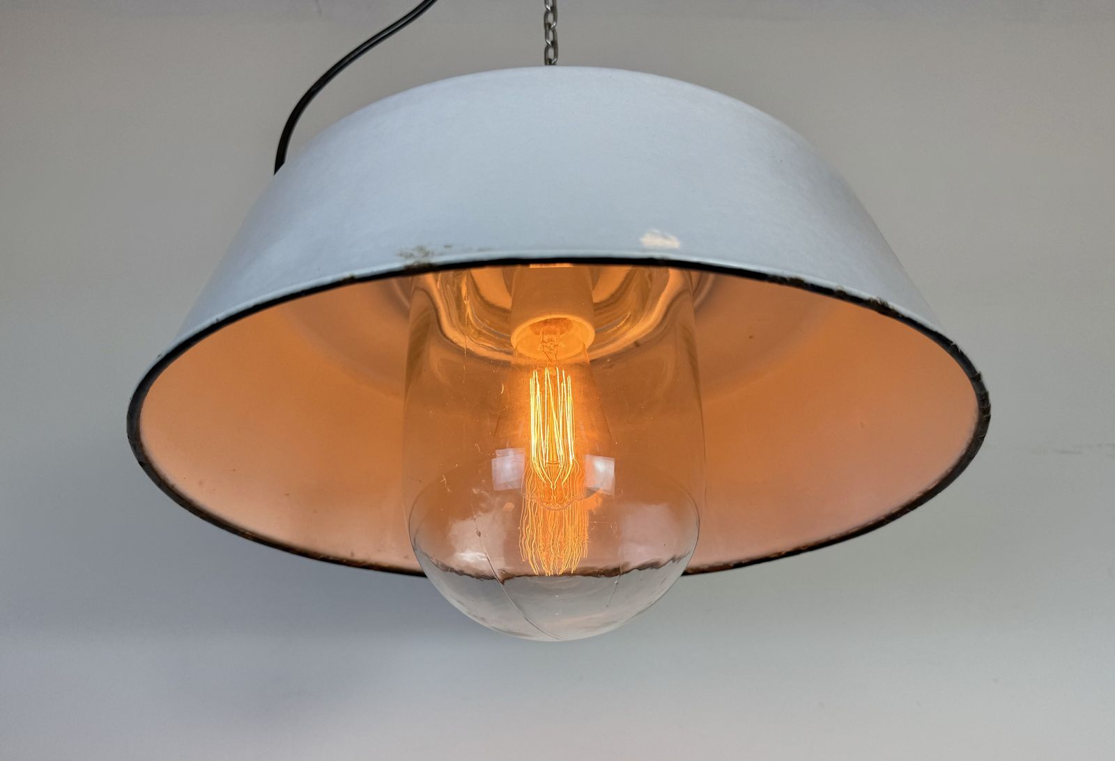 photo buy Industrial Grey Enamel Factory Pendant Lamp With Glass Cover, 1960s