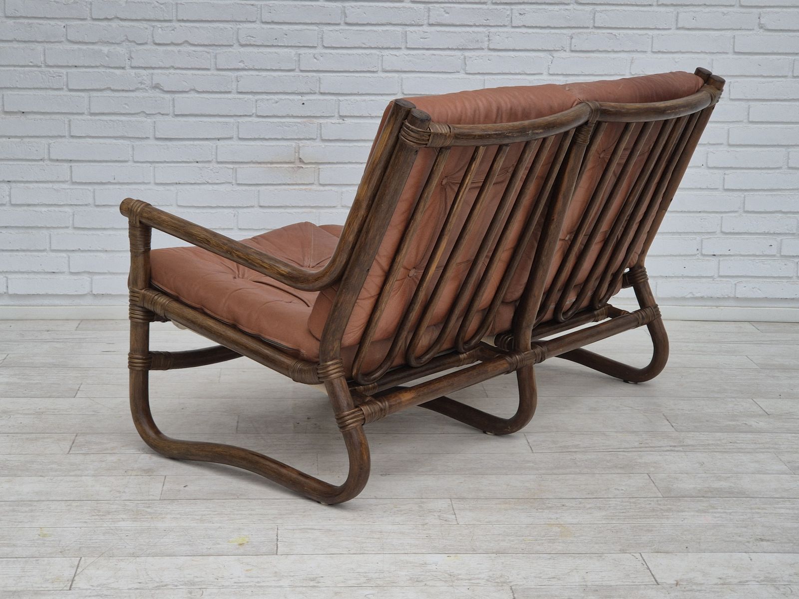 1970s, Scandinavian 2 Seater Sofa, Original Very Good Condition, Bamboo, Leather. photo Furniture