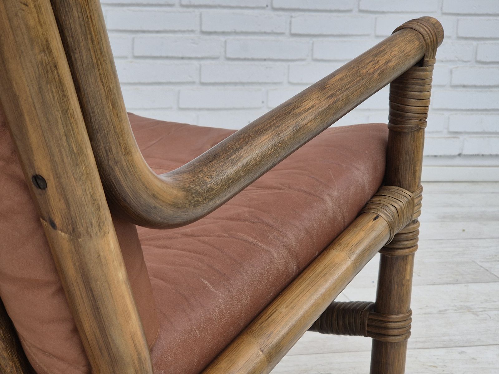 Furniture 1970s, Scandinavian 2 Seater Sofa, Original Very Good Condition, Bamboo, Leather. photo