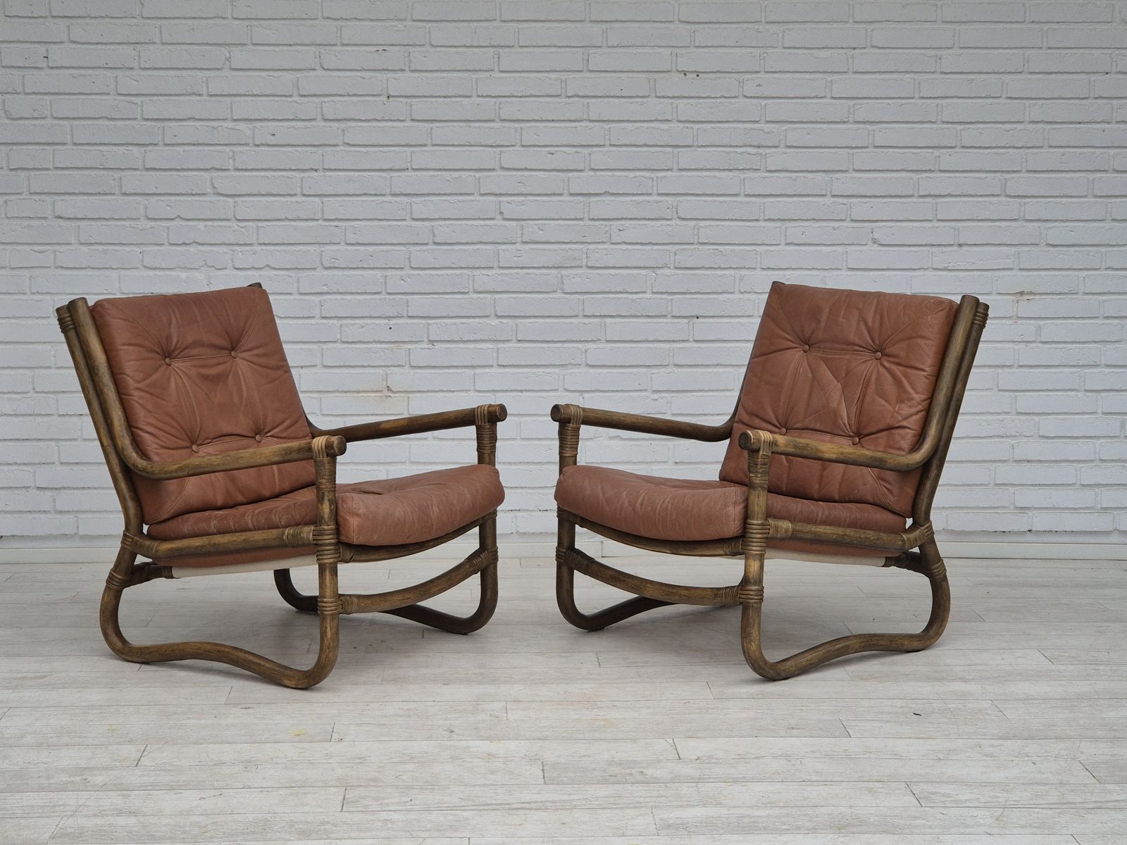 Ca. Jaren 1970, Scandinavische Fauteuil, Zeer Goede Staat, Bamboe, Leer. photo buy