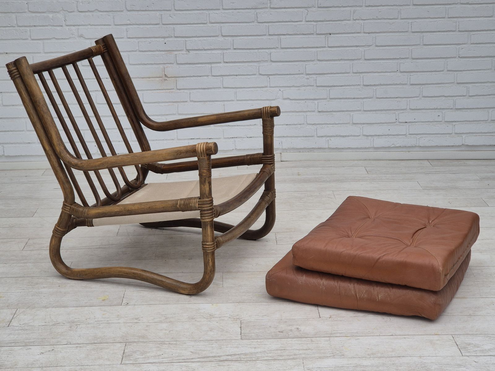 1970s, Scandinavian Armchair, Original Very Good Condition, Bamboo, Leather. photo vintage