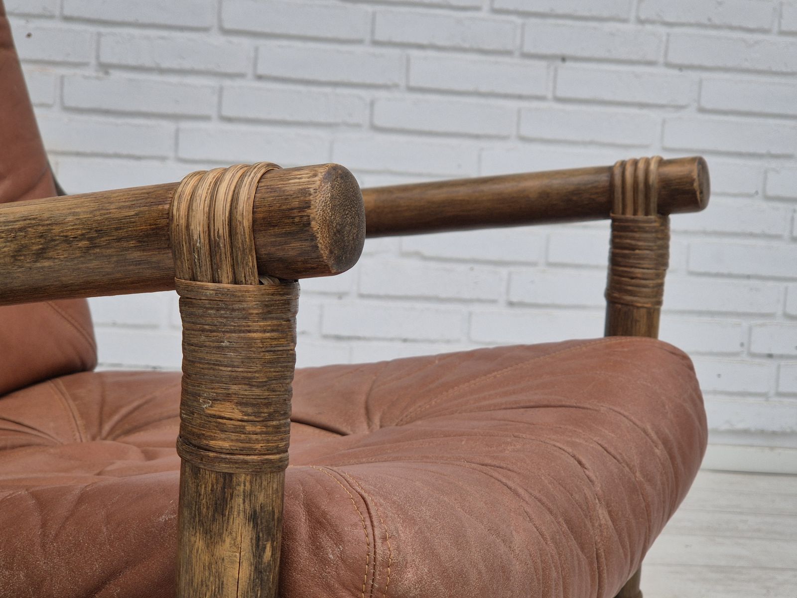 photo buy 1970s, Scandinavian Armchair, Original Very Good Condition, Bamboo, Leather.