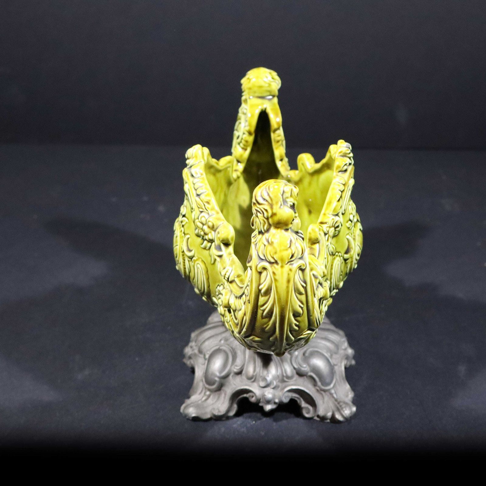 Antique Majolica Planter By Schütz Cilli Austrian Green Ceramic Jardiniere With Cherubs photo buy