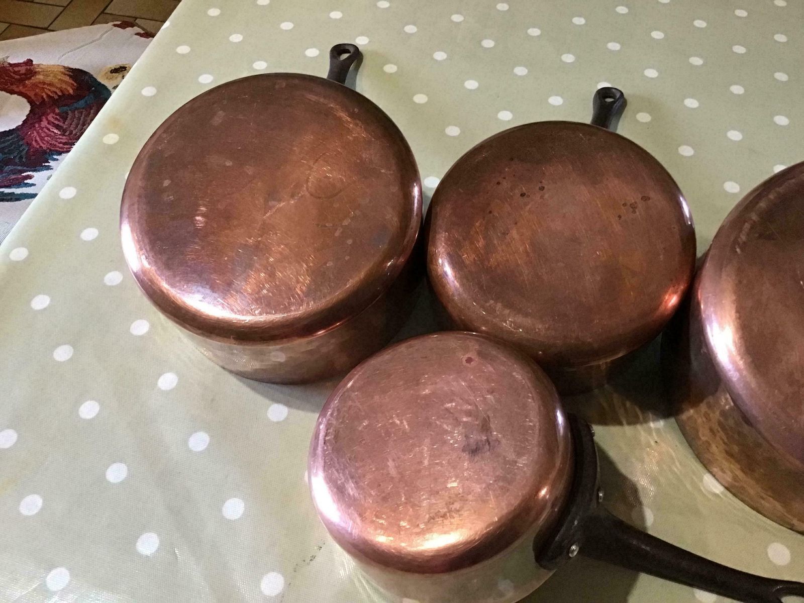 photo furniture 4 Copper Hammered Pans Stamped French Pots And Pans, Made In France, Country Kitchen,