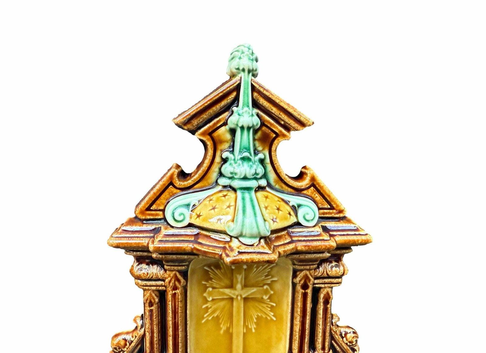 Antique Majolica Holy Water Font Choisy Le Roi 19th Gift Religious Decor photo for sale
