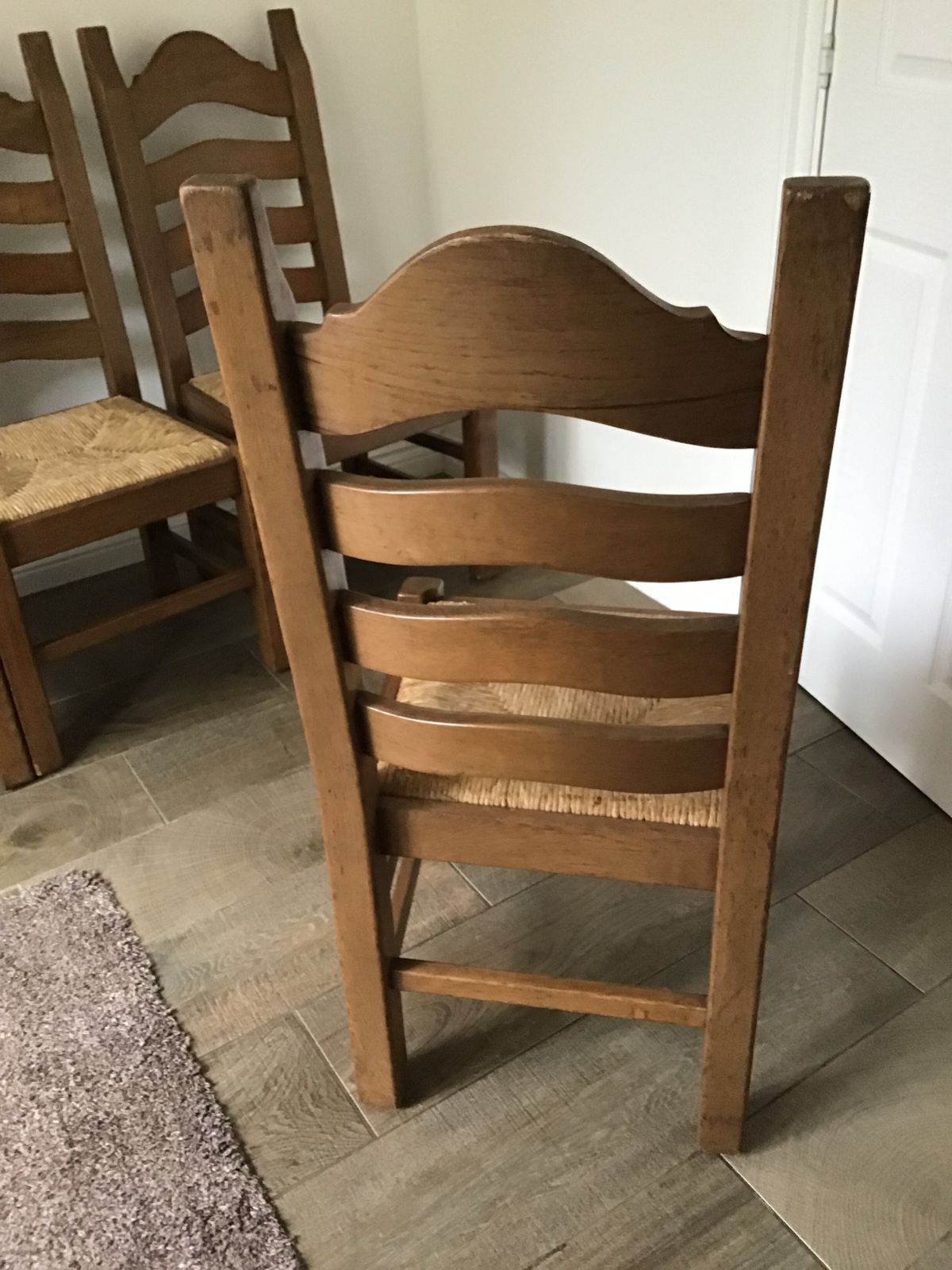 photo furniture Set Of 6 Vintage Solid Oak French Style Ladder Back Dining Chairs With Rush Seats