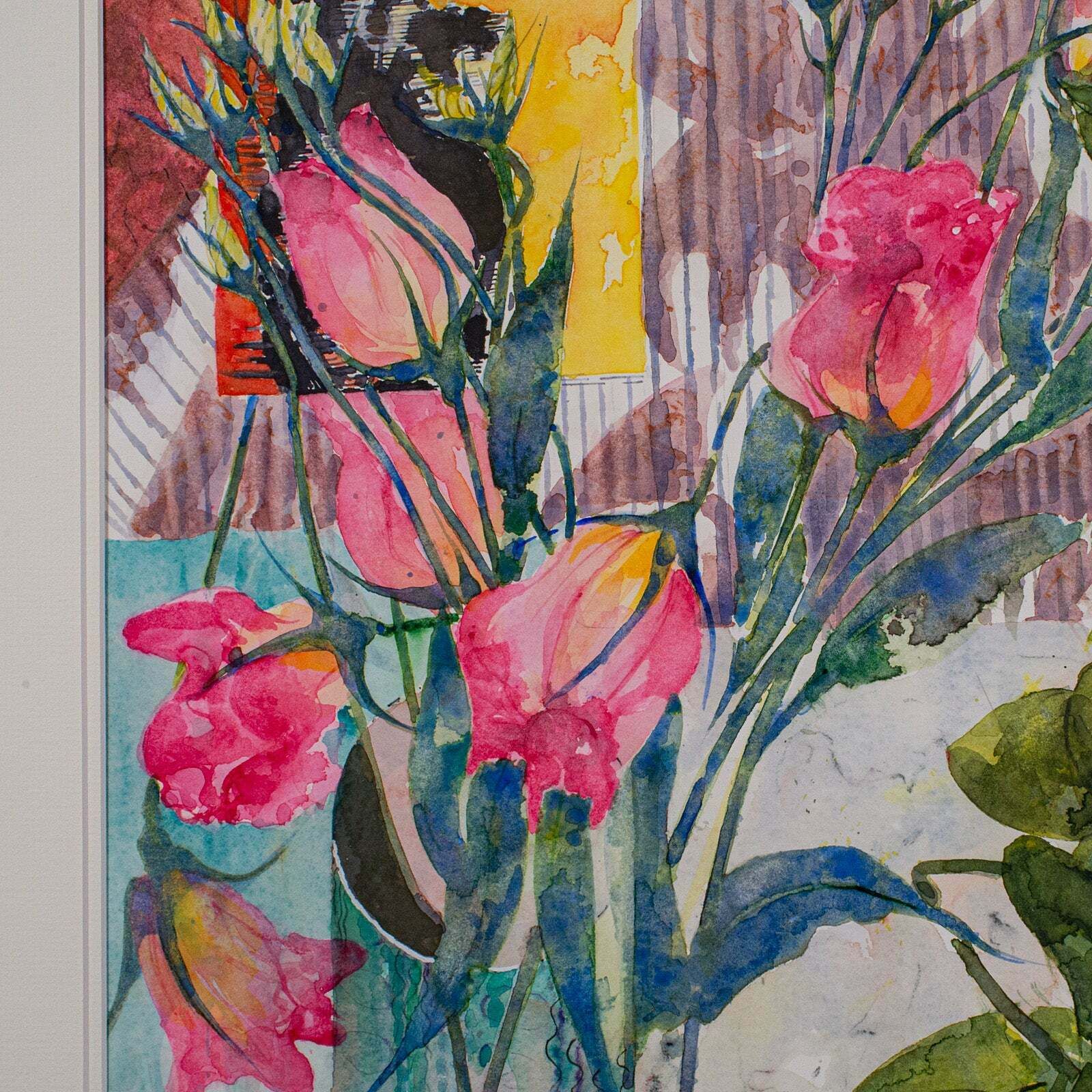 Vintage Abstract Painting, English, Framed Watercolour, Flower Study, Signed Art photo vinterior