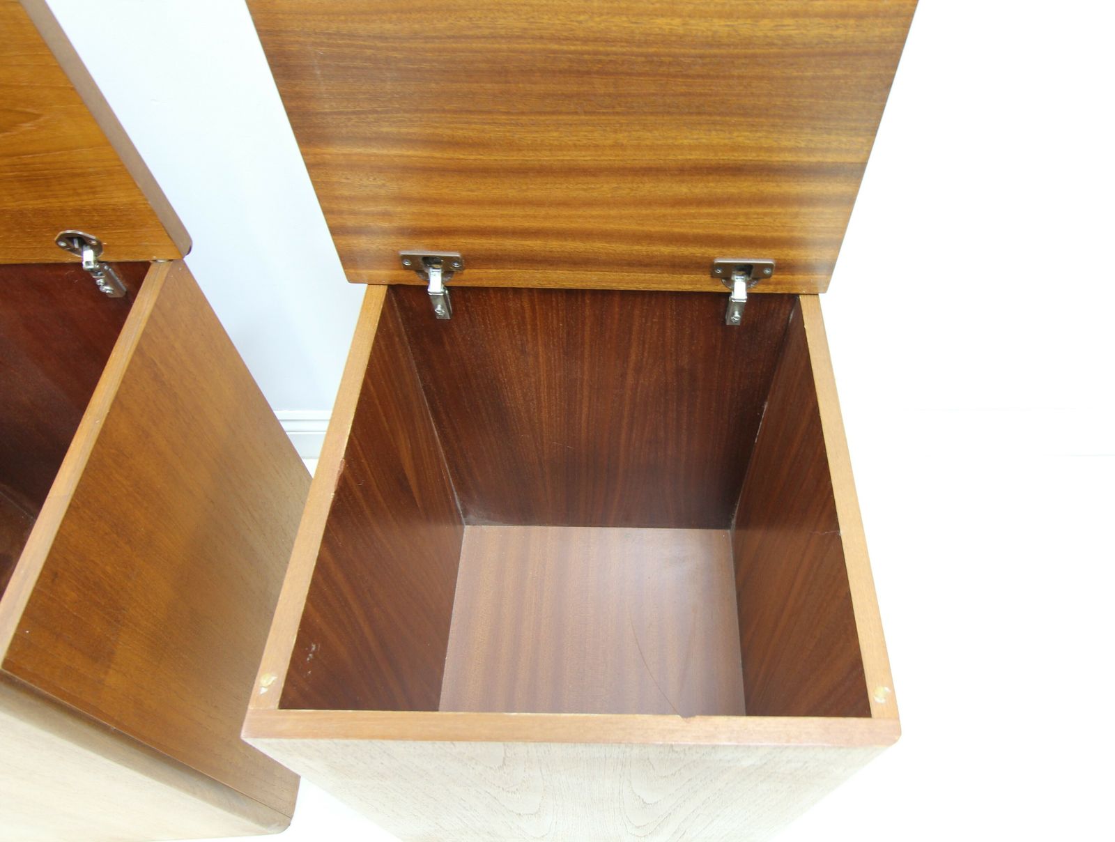 Pair Of Vintage Teak Ottomans Linen Blanket Storage Boxes   Nathan G Plan Era photo for sale