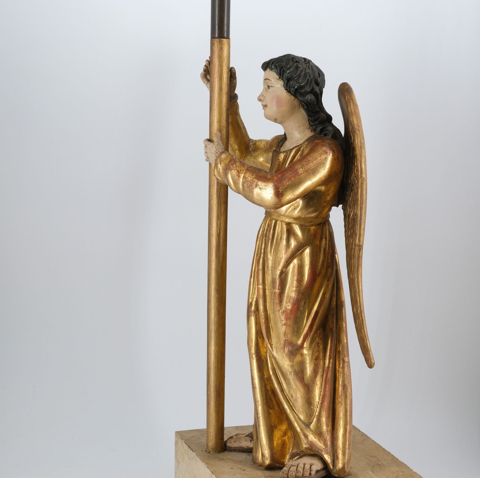 19th Century Carved Giltwood & Polychrome Painted Angel Alter Candlestick photo for sale