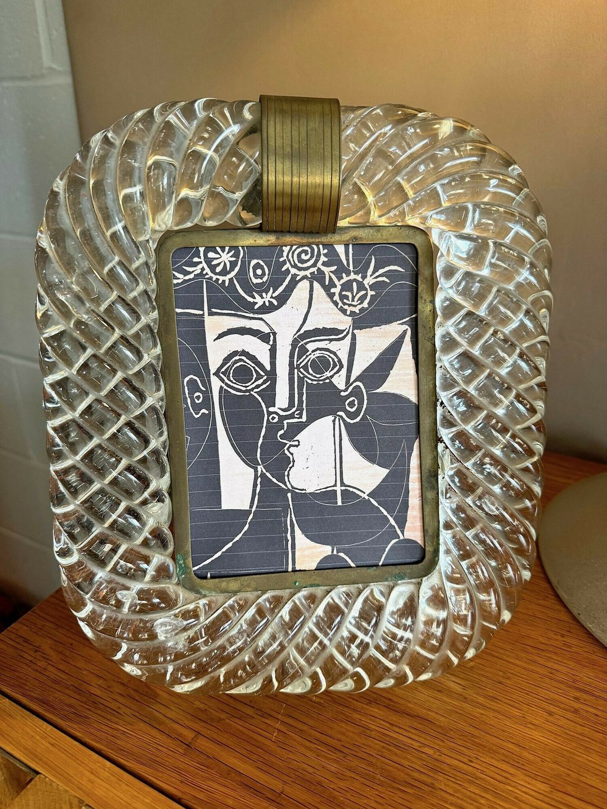 photo for sale An Orignal 1940s Murano Torchon Glass And Brass Framed Mirror Attributed To Seguso