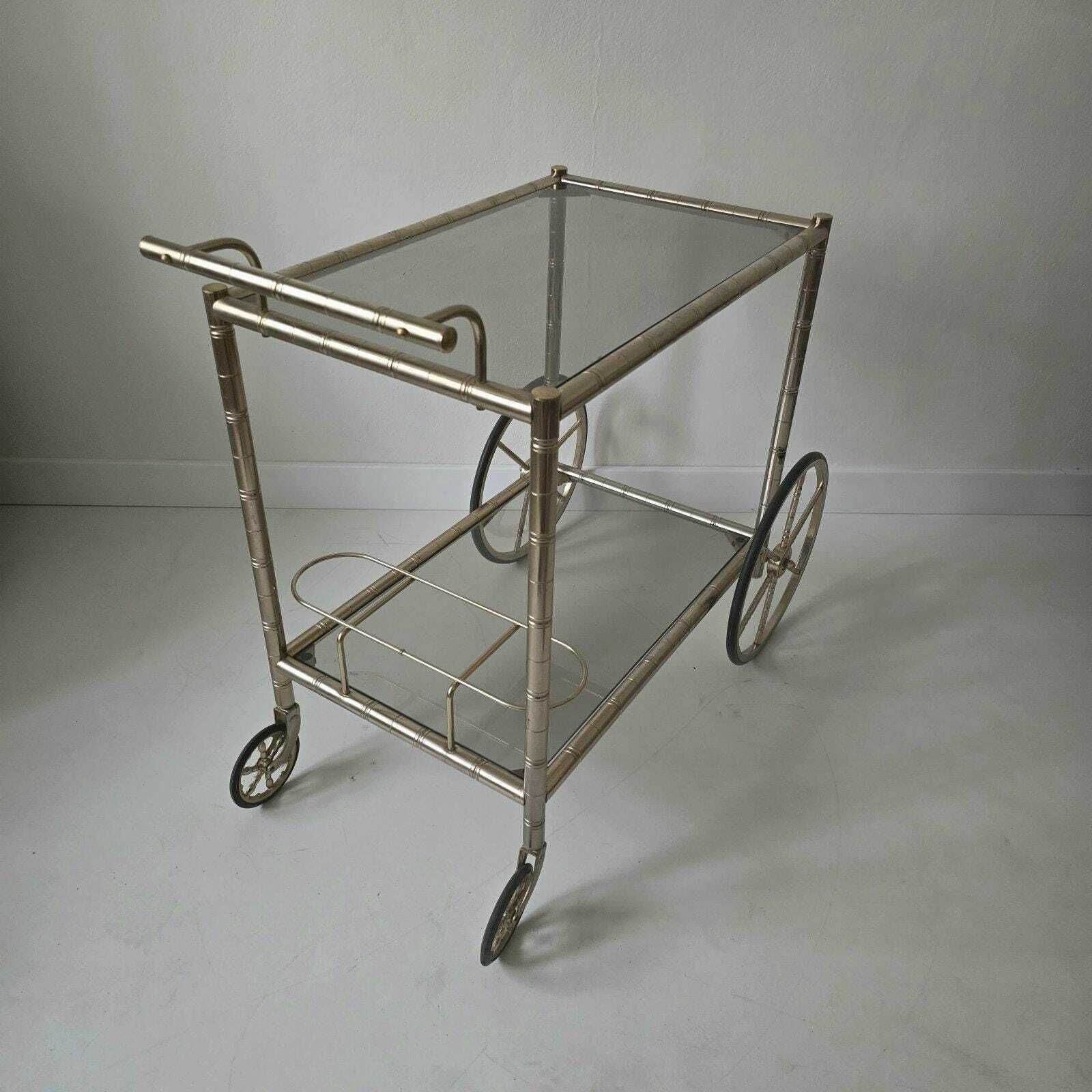 Vintage Hollywood Regency Brass And Smoky Glass Faux Bamboo Bar Cart By Orsenigo, Italy 1970s photo Furniture