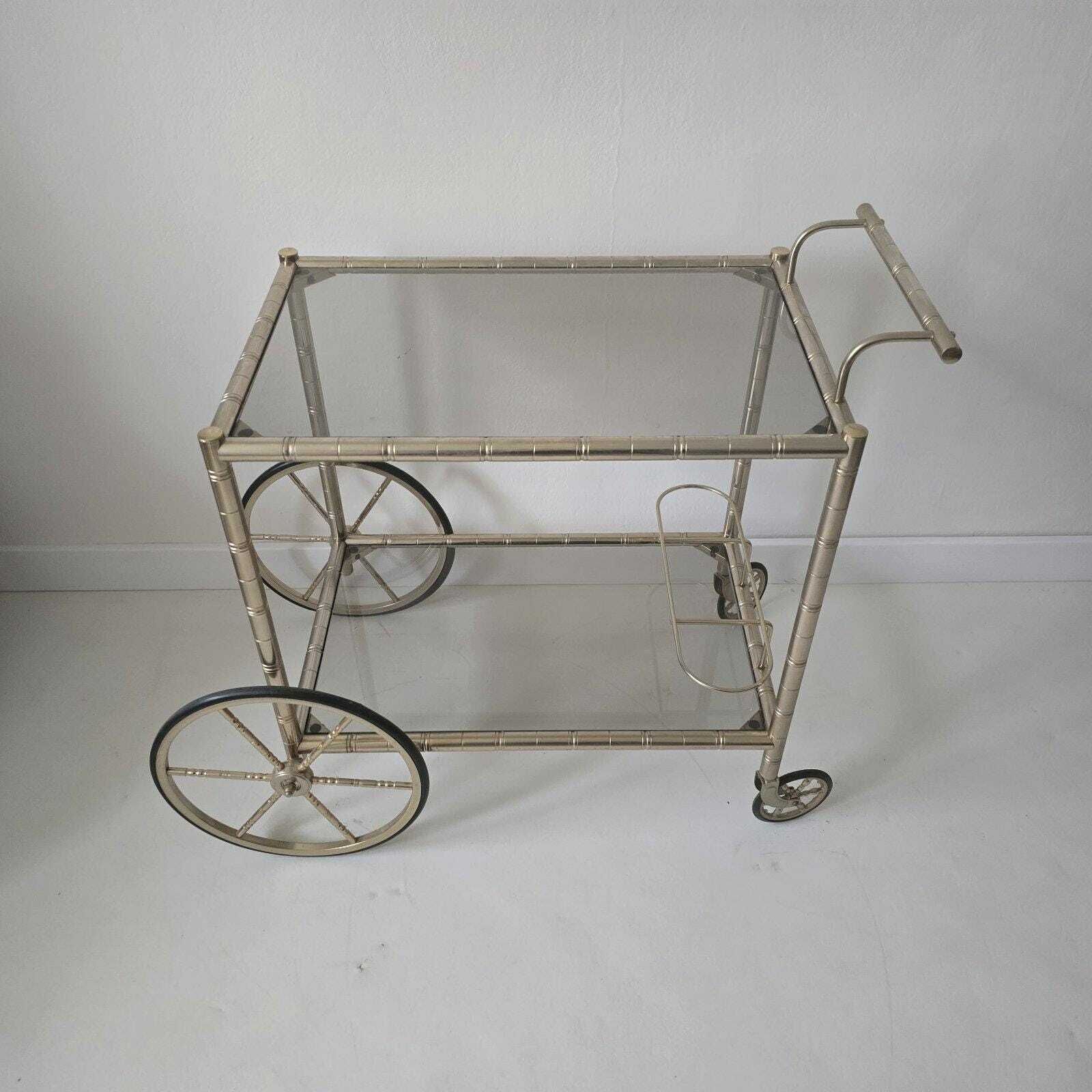 Vintage Hollywood Regency Brass And Smoky Glass Faux Bamboo Bar Cart By Orsenigo, Italy 1970s photo 1264.0