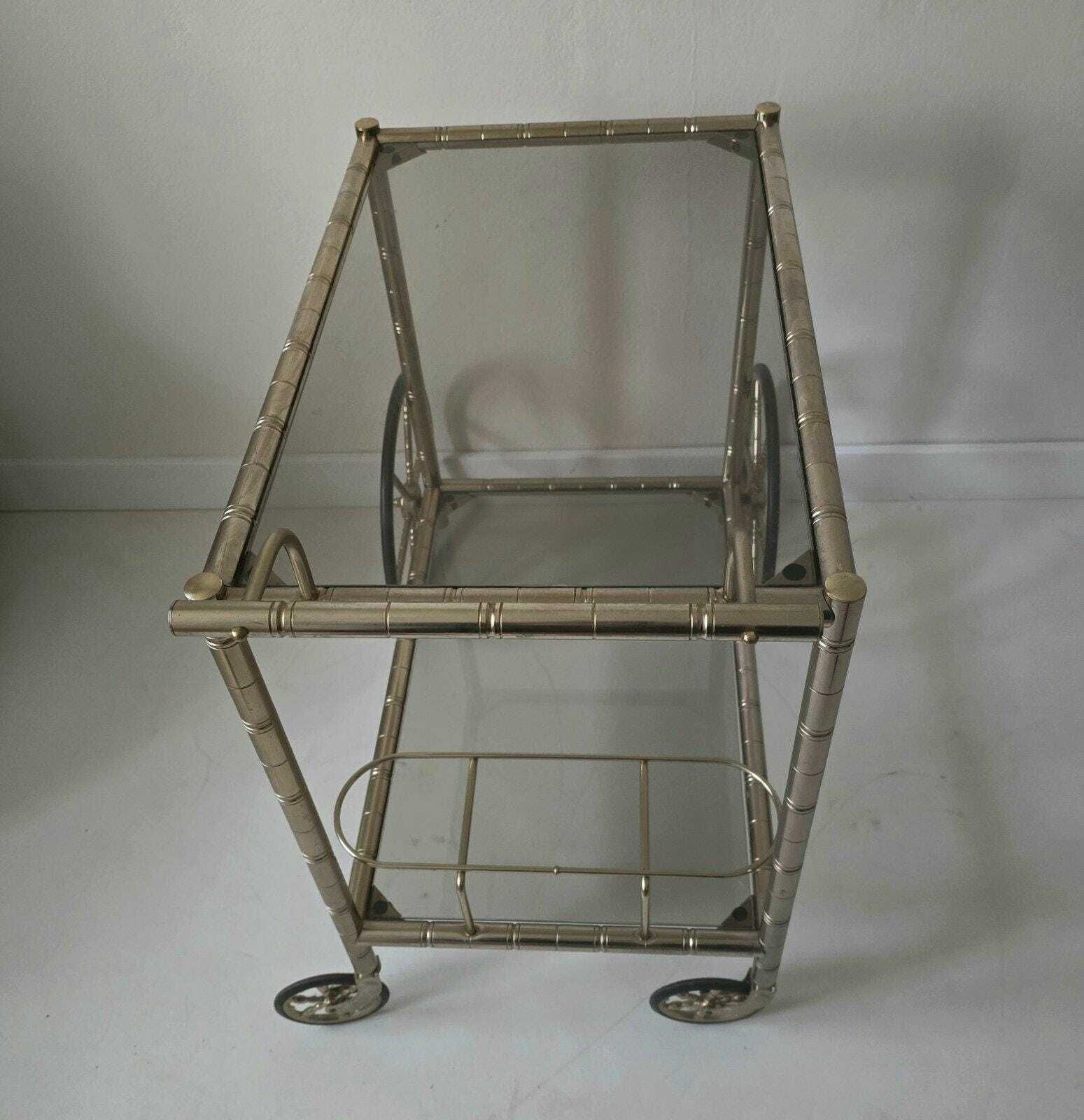 photo furniture Vintage Hollywood Regency Brass And Smoky Glass Faux Bamboo Bar Cart By Orsenigo, Italy 1970s