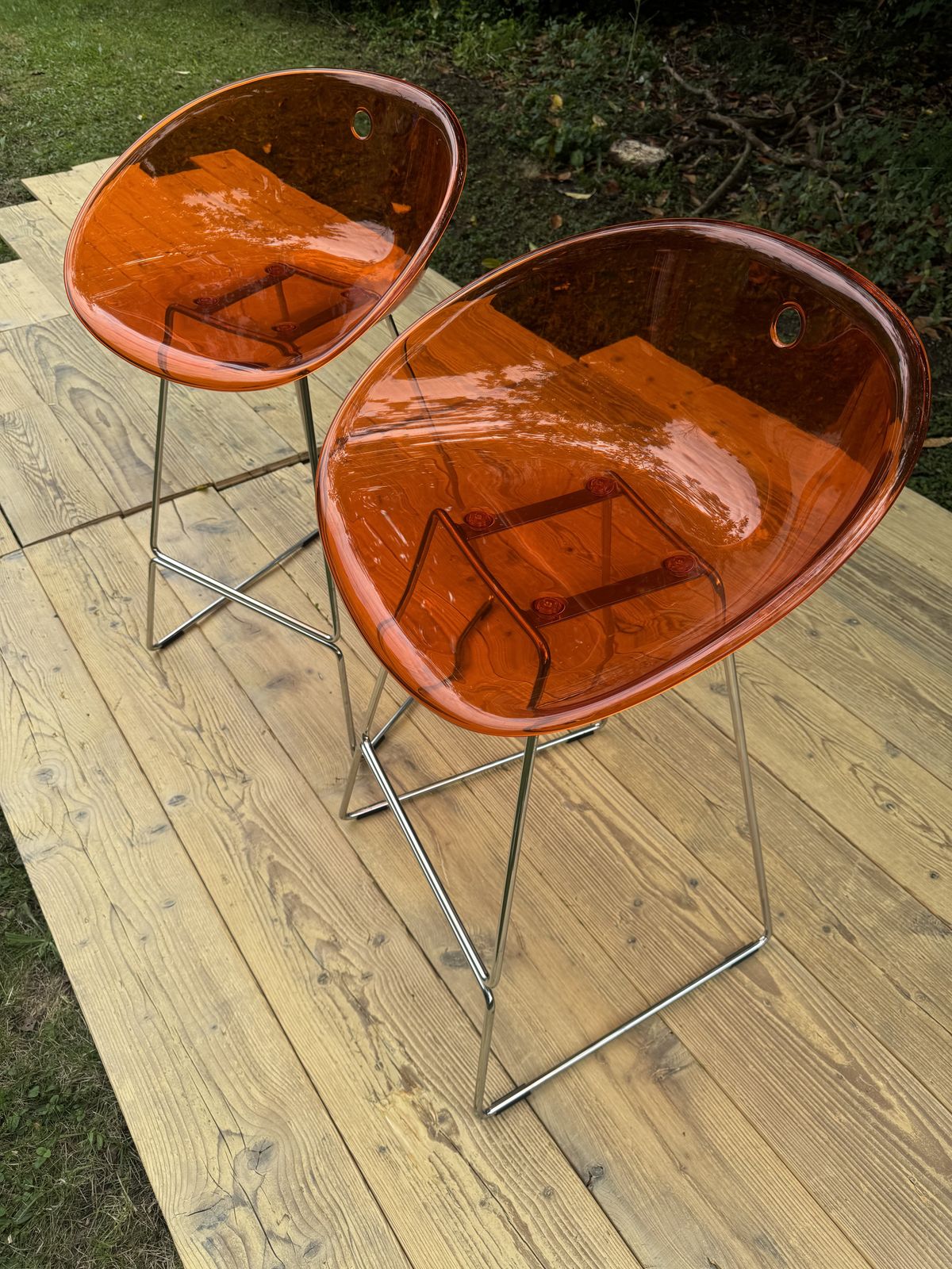 Pair Of Pedrali Gliss Italian Transparent Orange Bar Stools   Modern 50's Style photo 150.0