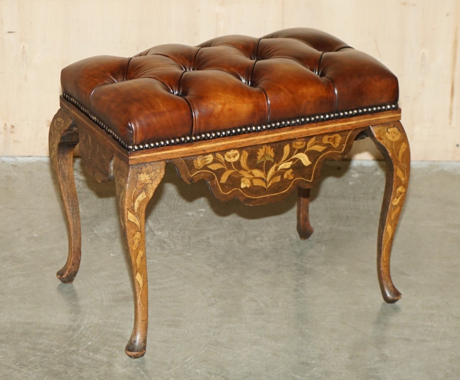 Antique Dutch Circa 1860 Brown Leather Rosewood Chesterfield Stool Piano Bench photo furniture