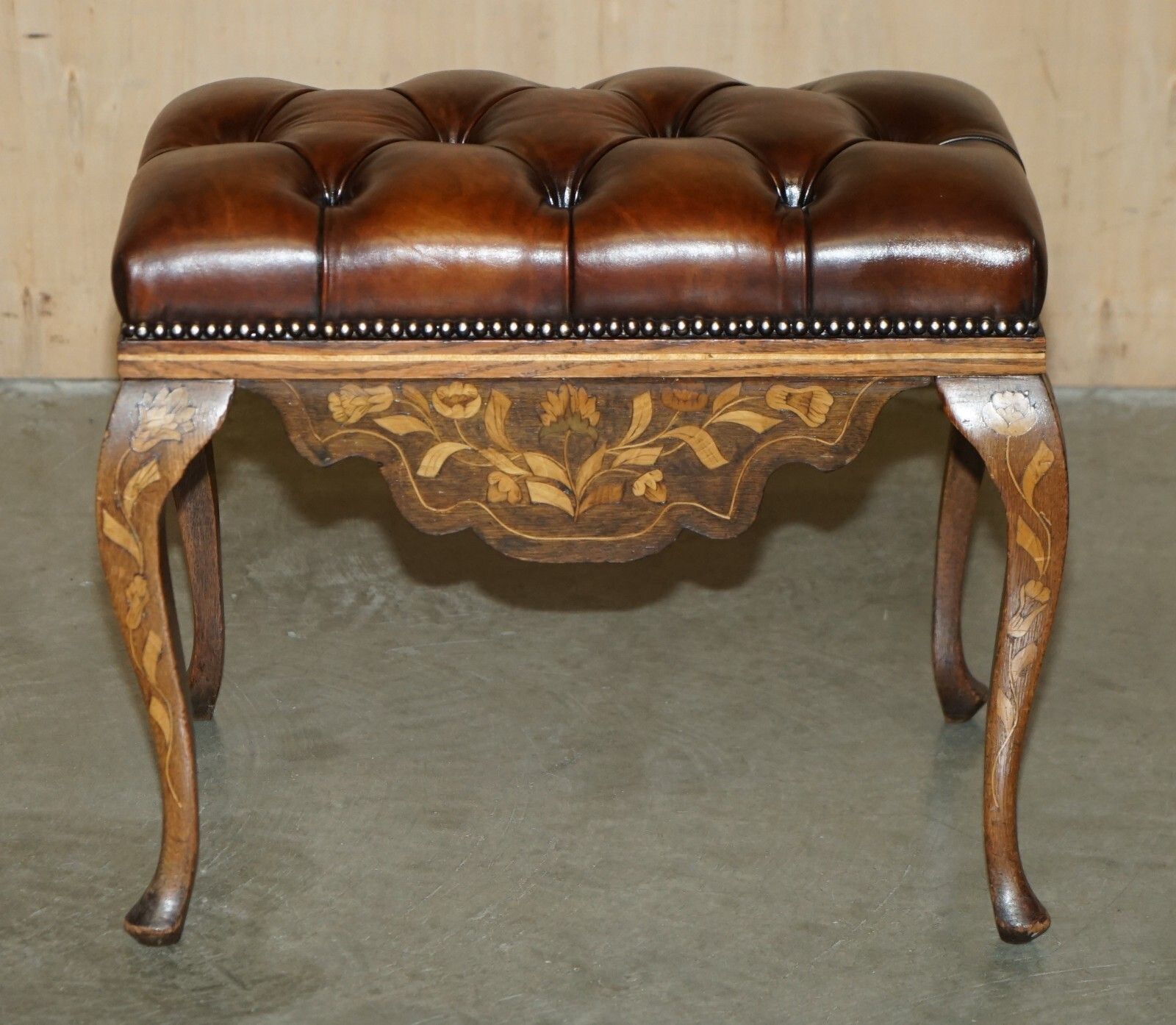 Antique Dutch Circa 1860 Brown Leather Rosewood Chesterfield Stool Piano Bench photo for sale