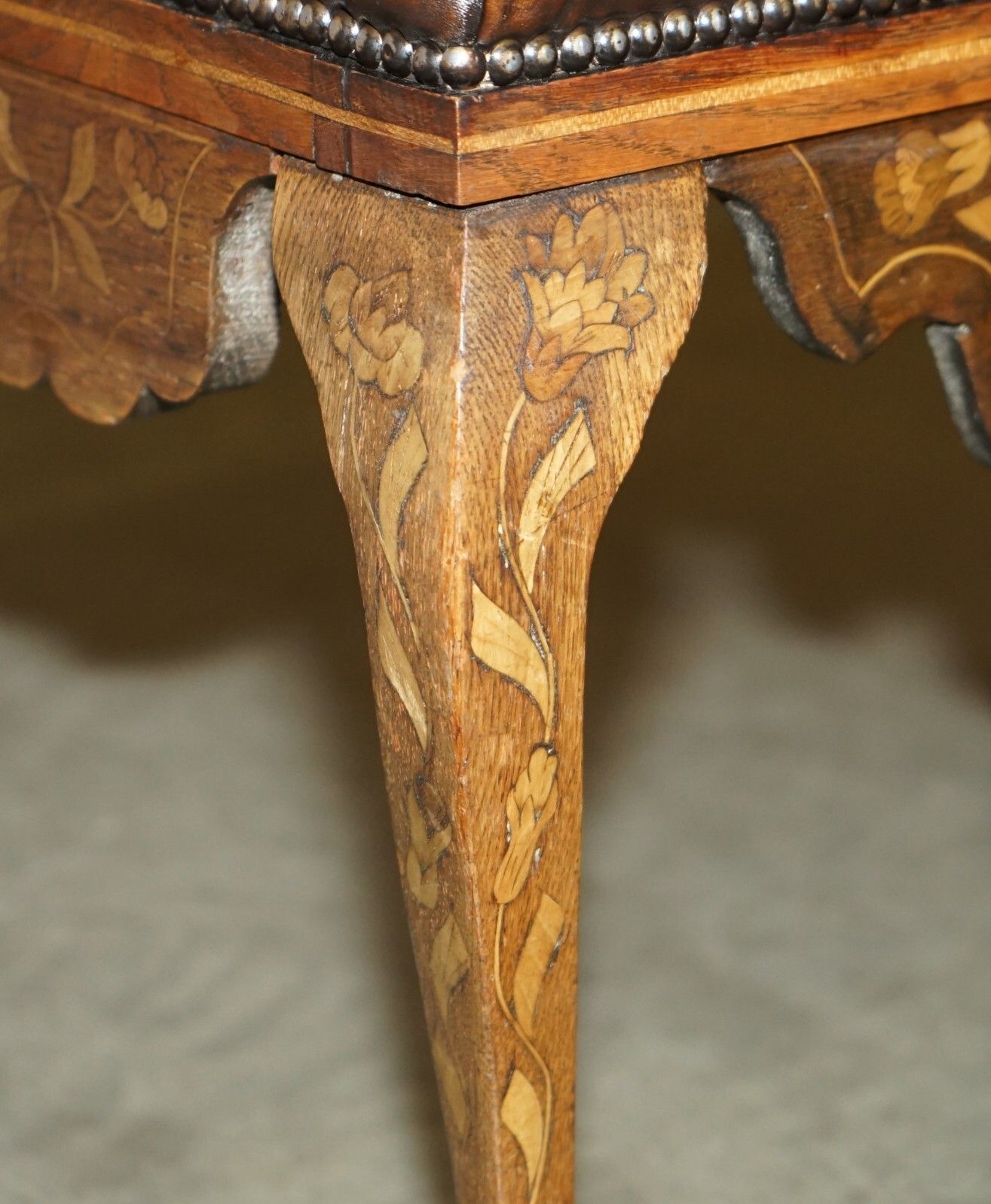photo for sale Antique Dutch Circa 1860 Brown Leather Rosewood Chesterfield Stool Piano Bench