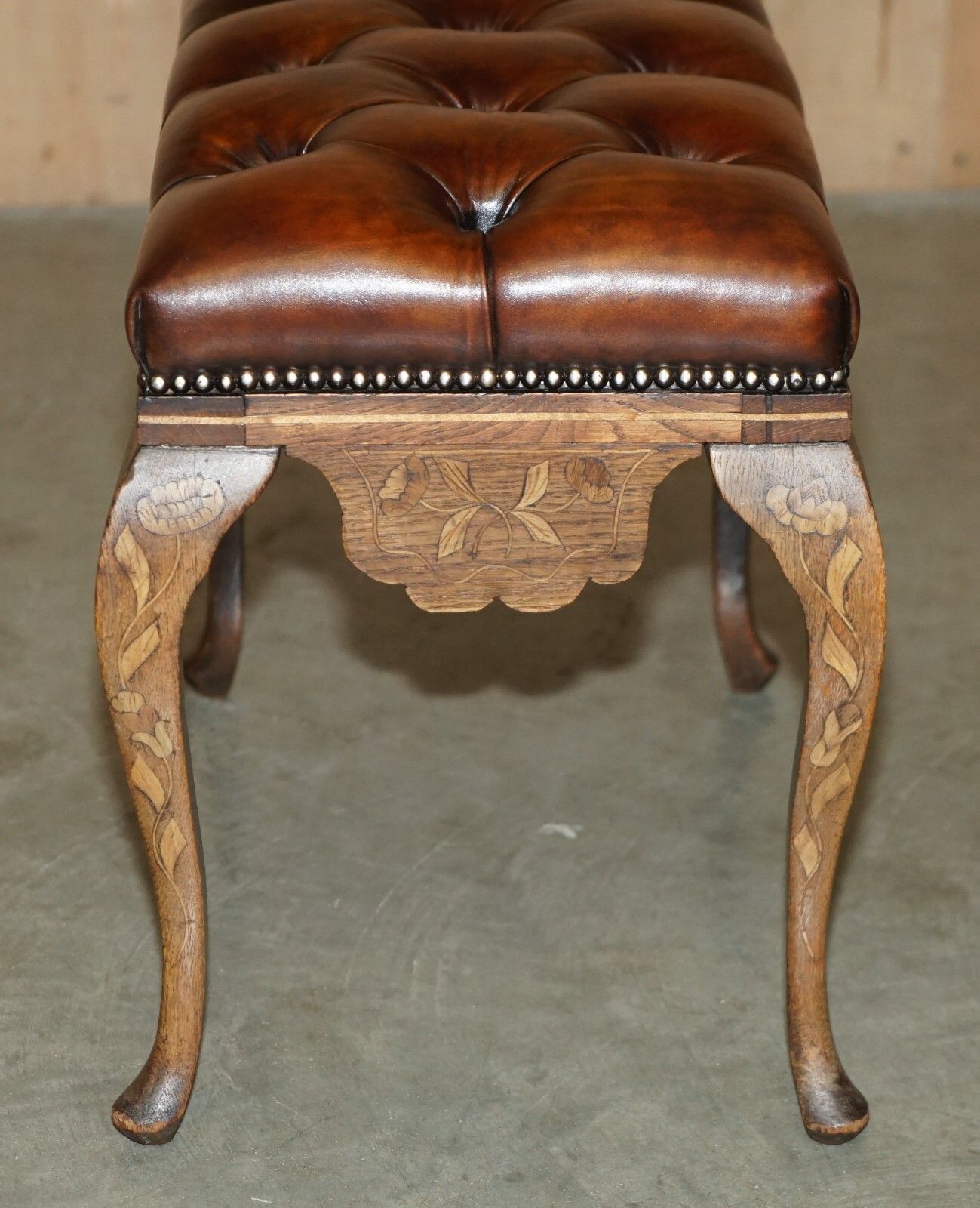 2950.0 Antique Dutch Circa 1860 Brown Leather Rosewood Chesterfield Stool Piano Bench photo