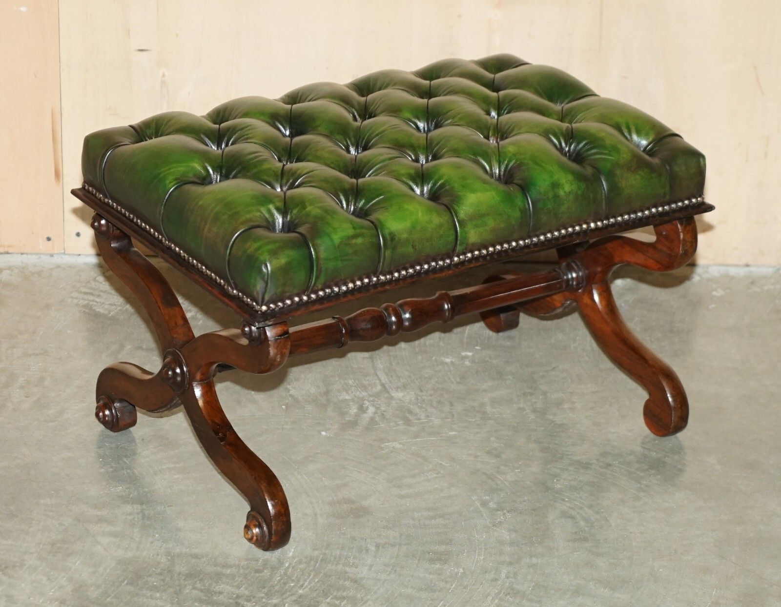 Antique William IV 1830 Green Leather Rosewood Chesterfield Stool Piano Bench photo furniture