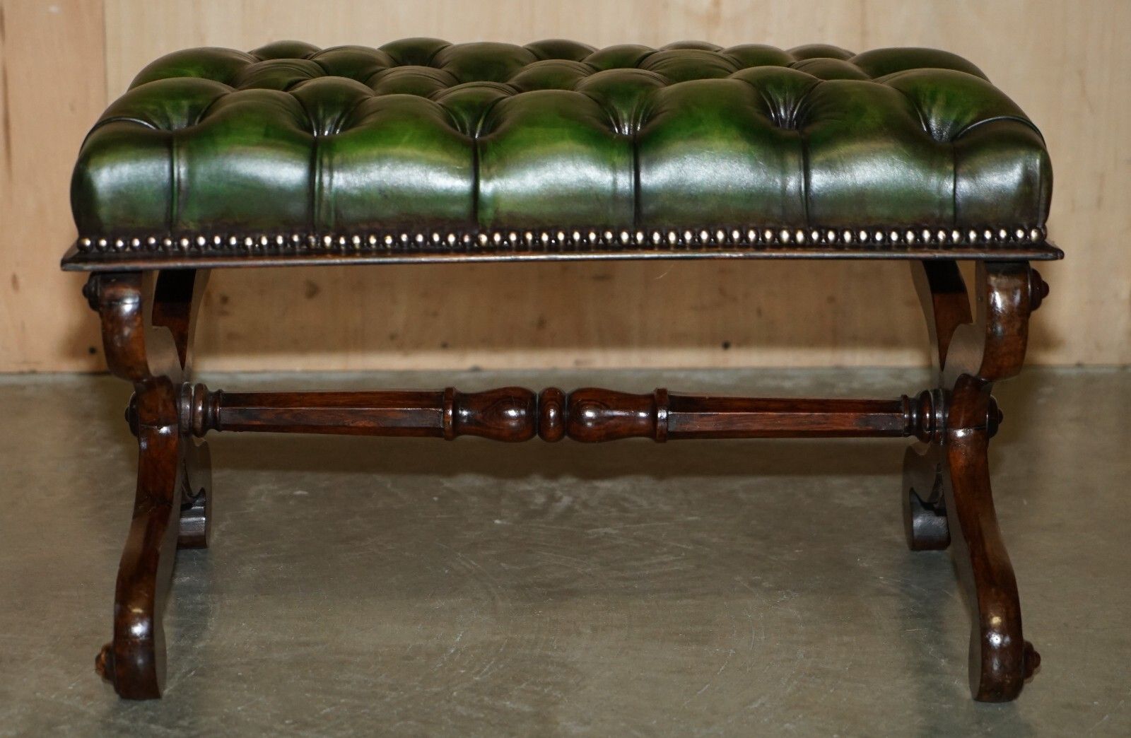 Antique William IV 1830 Green Leather Rosewood Chesterfield Stool Piano Bench photo vintage