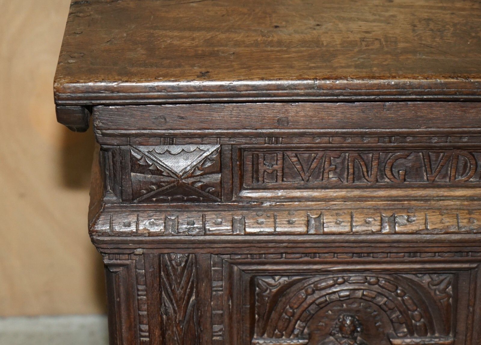 Huge Antique 1631 Dated Hand Carved Oak Danish Wedding Dowry Linen Trunk Coffer photo vintage