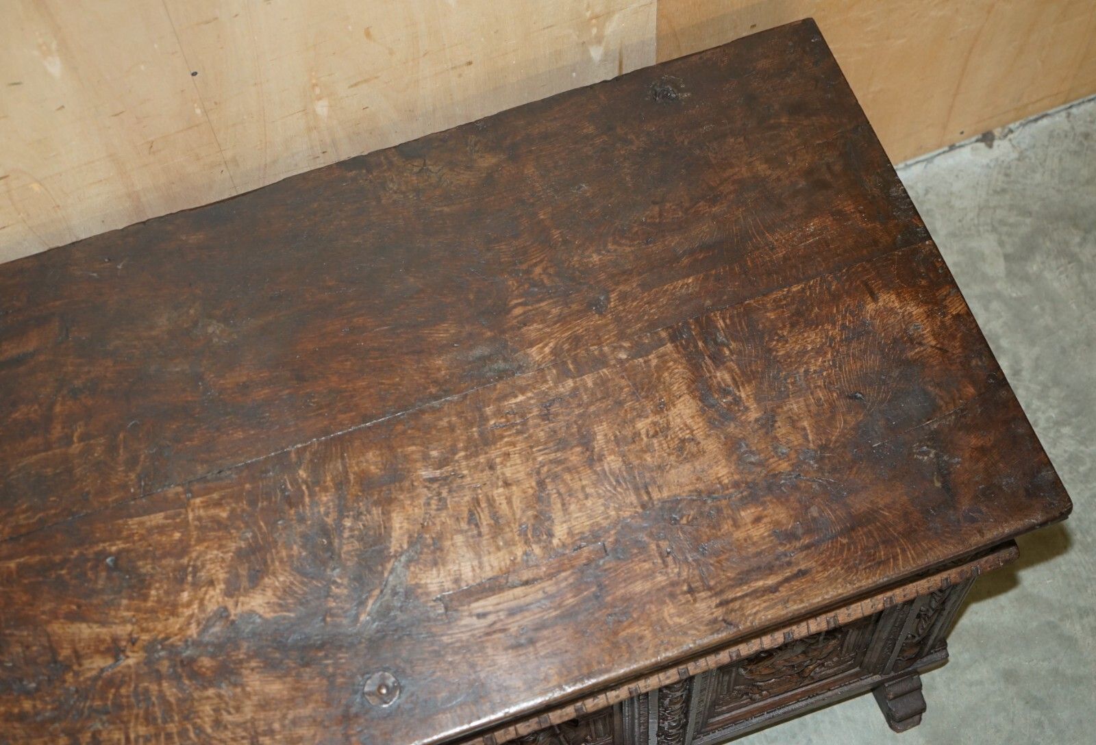 Furniture Huge Antique 1631 Dated Hand Carved Oak Danish Wedding Dowry Linen Trunk Coffer photo