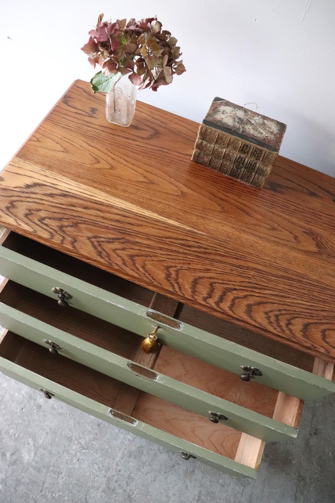 Painted Vintage Three Drawer Washstand Or Chest Of Drawers In Olive Green With Natural Wood Top photo vintage