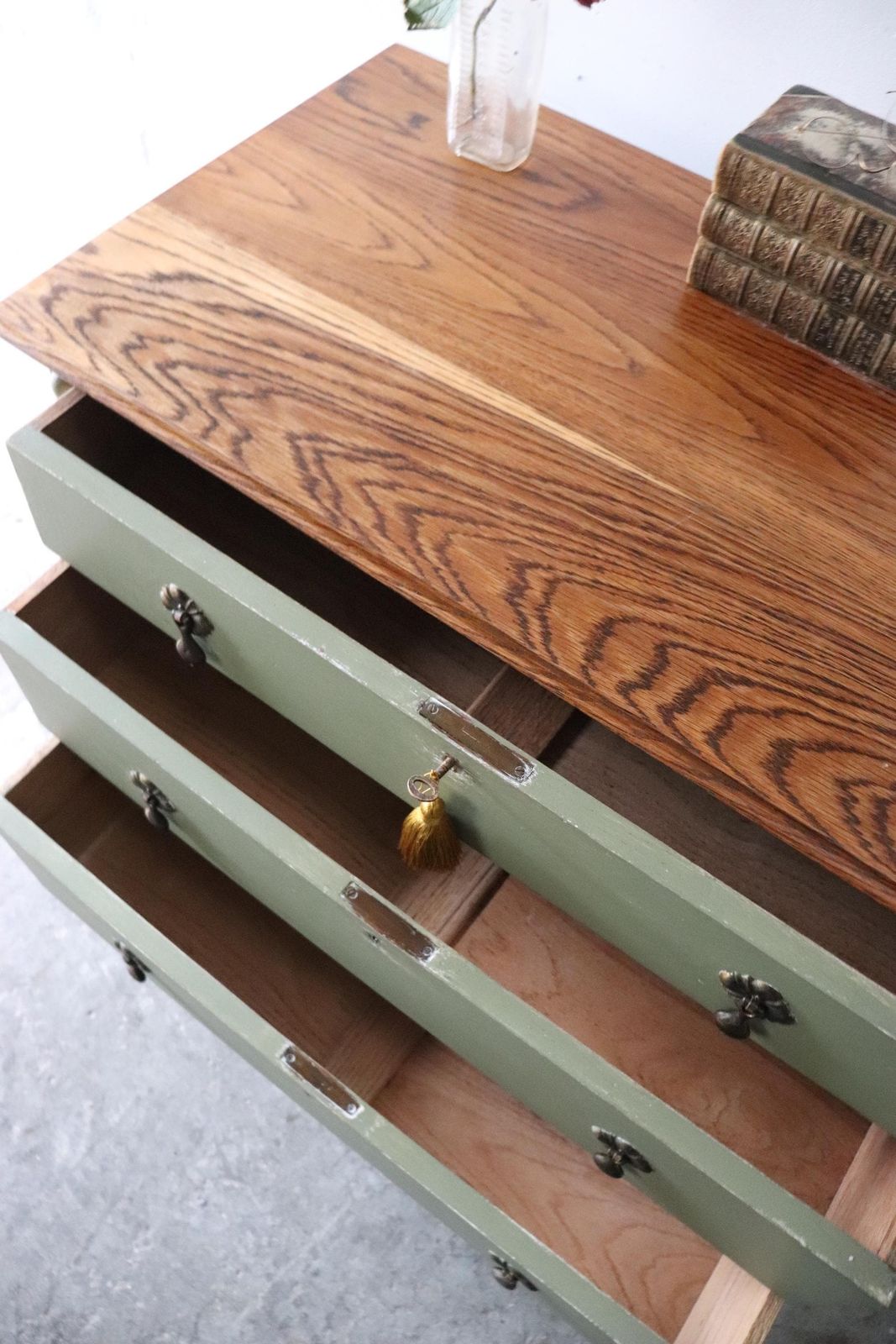 photo furniture Painted Vintage Three Drawer Washstand Or Chest Of Drawers In Olive Green With Natural Wood Top