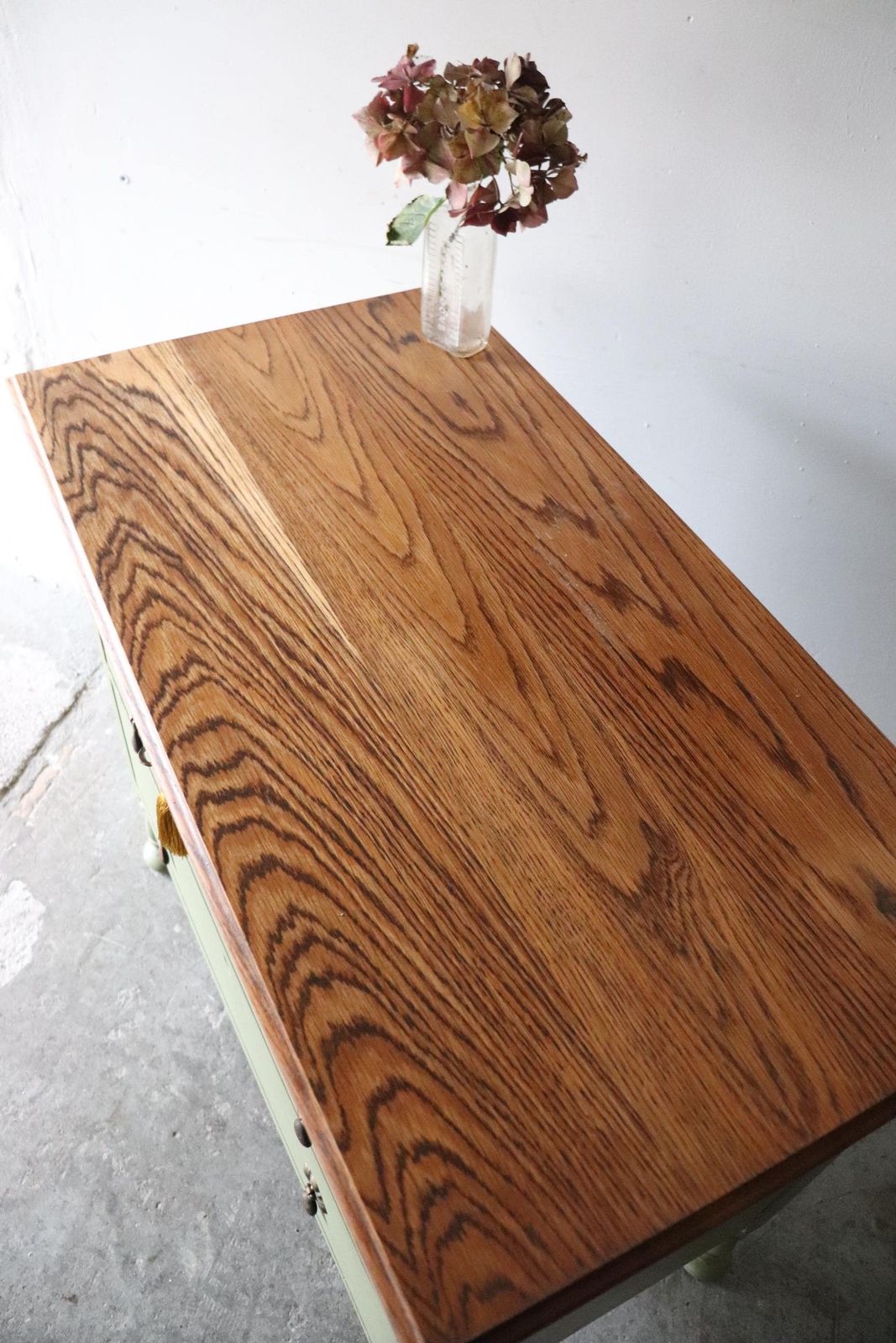 photo for sale Painted Vintage Three Drawer Washstand Or Chest Of Drawers In Olive Green With Natural Wood Top