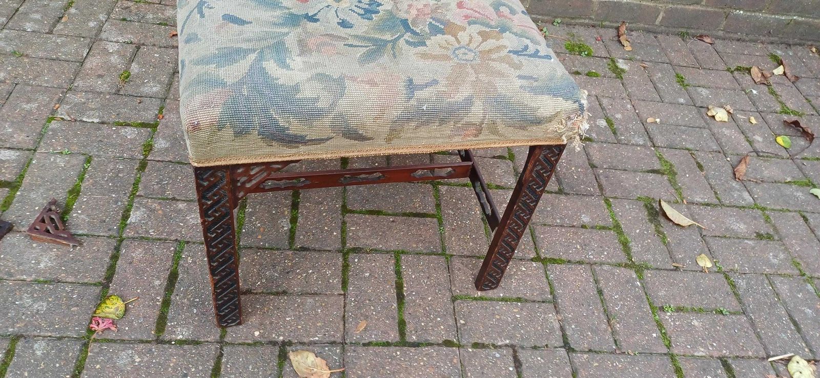 Antique Mahogany Stool With Tapestry Seat, Ornate Carved Details & Fretwork Accents – Elegant Vintage Vanity Piece Age Worn photo vinterior
