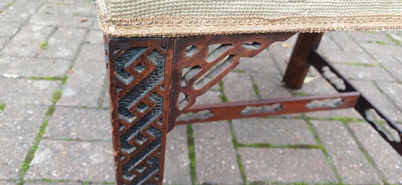 Antique Mahogany Stool With Tapestry Seat, Ornate Carved Details & Fretwork Accents – Elegant Vintage Vanity Piece Age Worn photo vintage