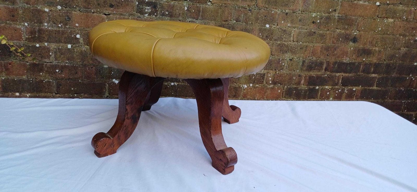 Brilliant Smart Vintage Early To Mid Century Oak Stool Footstool Pouffe With Cushioned Gold Leatherette photo vinterior