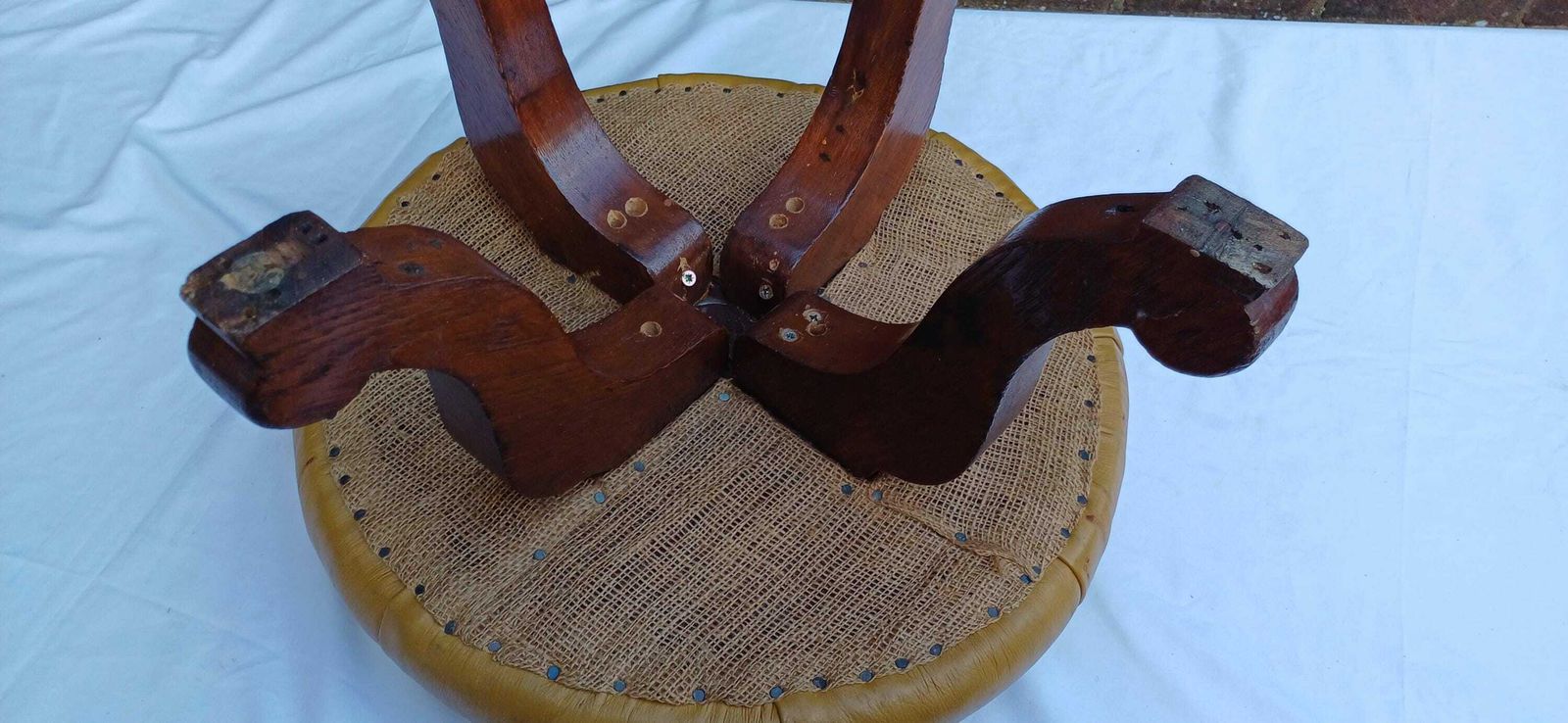 Brilliant Smart Vintage Early To Mid Century Oak Stool Footstool Pouffe With Cushioned Gold Leatherette photo vintage