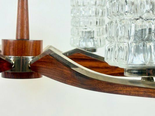 Mid Century Danish Rosewood & Nickel Plated 6 Arm Chandelier, 1960s photo vinterior