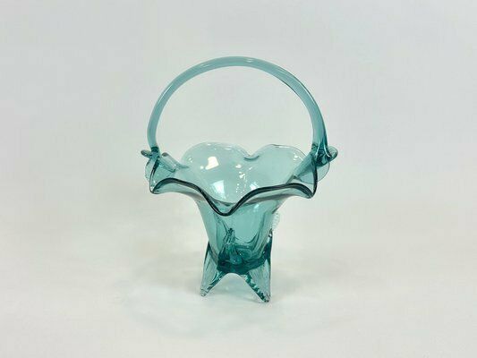 Turquoise Polish Glass Basket From Ząbkowice Glassworks, 1960s