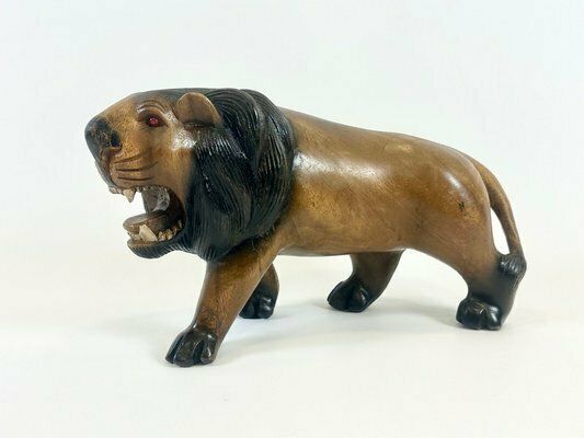 Vintage Wooden Carved Lion Figure, 1930s