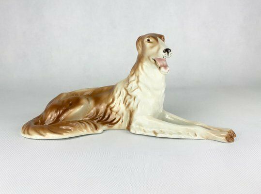 Art Deco Czechoslovakian Borzoi Greyhound Statue In Porcelain From Royal Dux Bohemia, 1960s photo vinterior